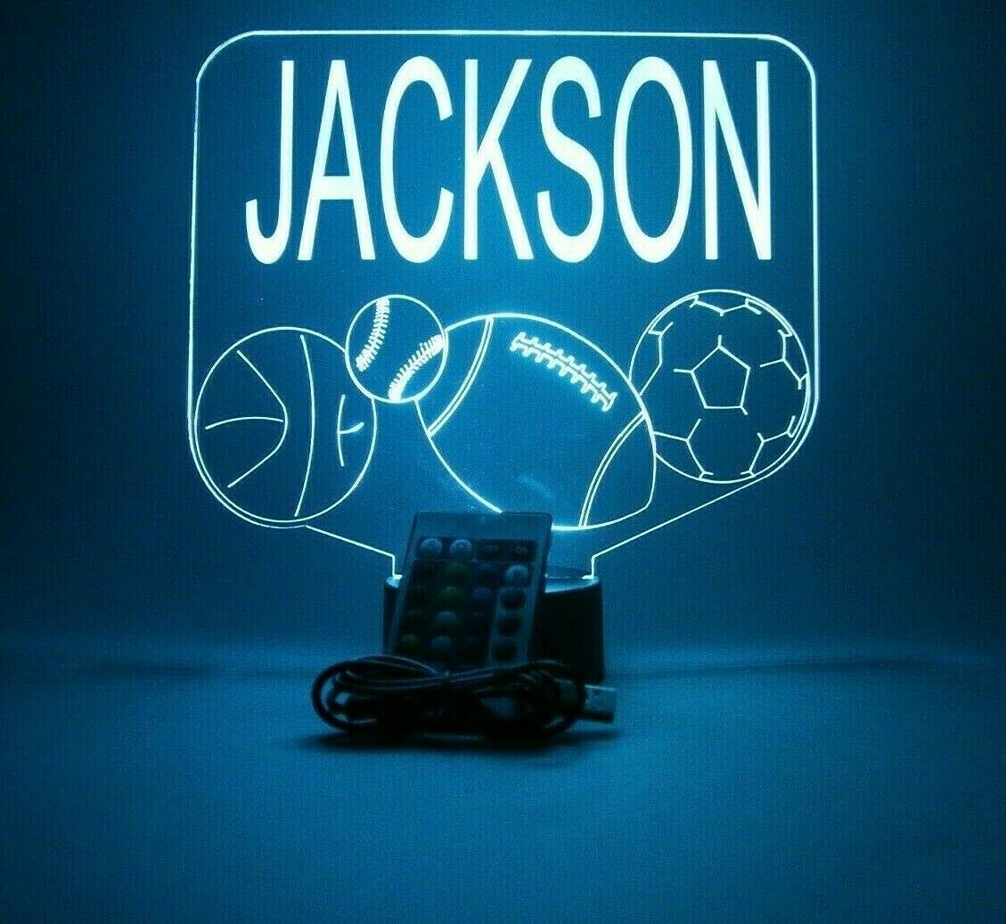 Mirror Mania Sports Array Soccer Ball Baseball Football Basketball With Custom Name Night Light Up Lamp Led Engraved Custom Name Personalized Athletic Table Lamp With Remote, 16 Colors, It'S Wow, Great
