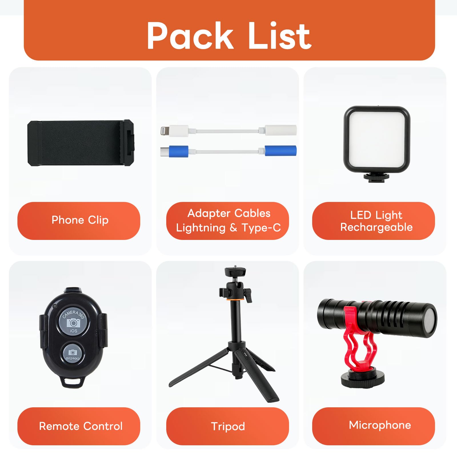 Kalofaye Vlogging Kit For Iphone, Android, Compatible Youtube Starter Kit For With Rechargeable Led Light + Microphone + Phone Clip + Multifunctional Tripod For Vlogging, Instagram, Tiktok