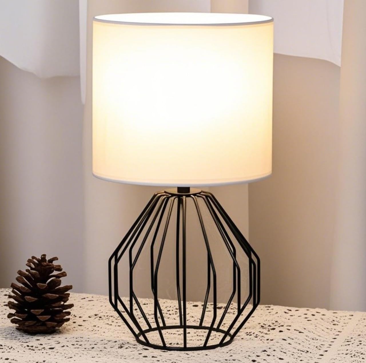 Krasty Small Black Table Lamp,Bedside Nightstand Desk Lamps With White Fabric Shade, Hollow Metal Base,Modern Geometric Lamp For Bedrooms,Living Room,Office,Entryway,Coffee Table,Kids Room