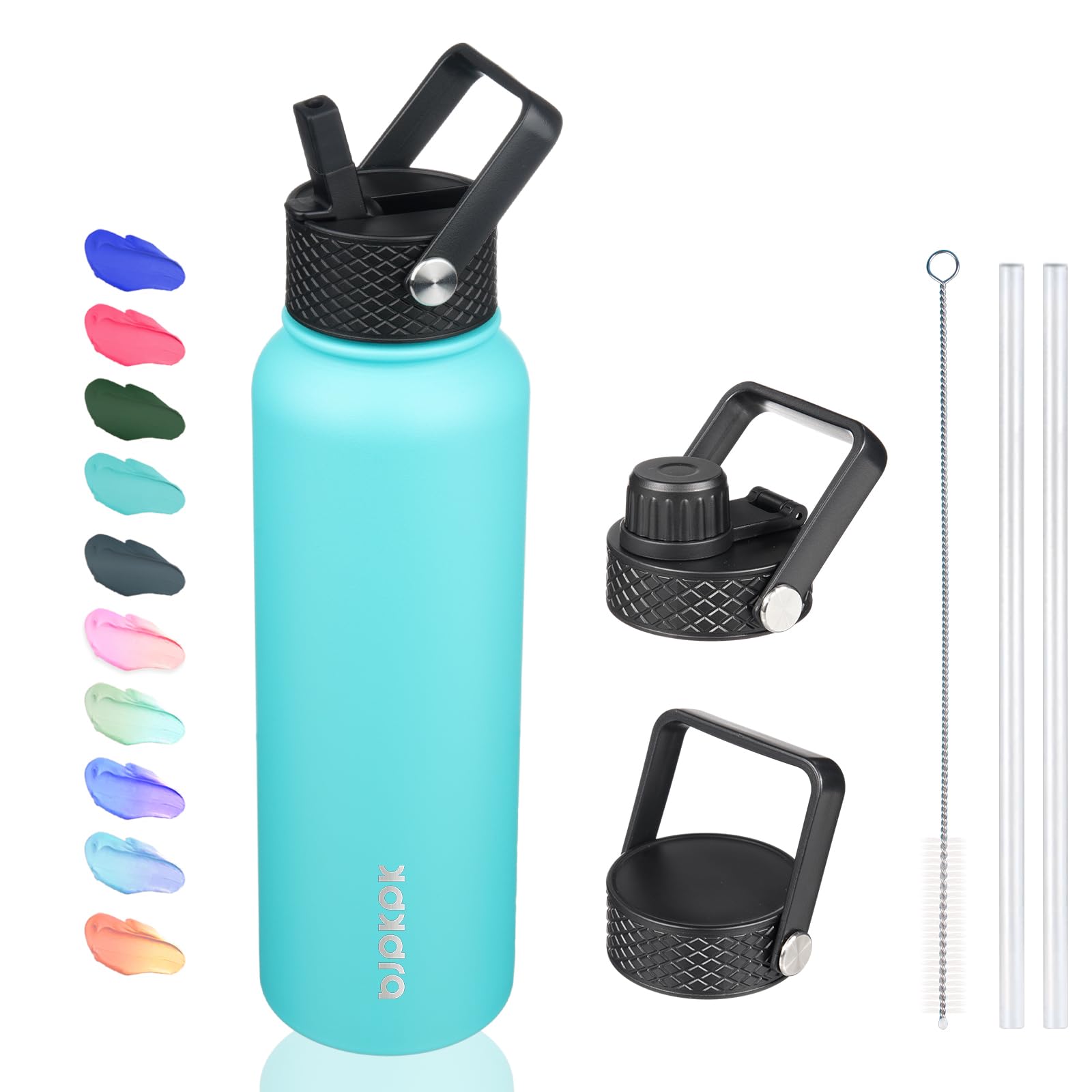 Bjpkpk Insulated Water Bottles With Straw Lid, 40Oz Stainless Steel Water Bottles With 3 Lids