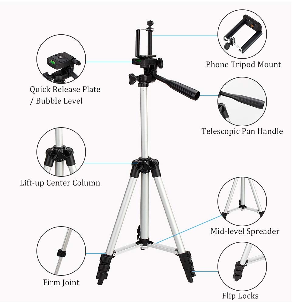 Keenso Phone Stand, Phone Tripod, 41" Flexible Tripod For Cell Phone, Cell Phone Stand, Portable Aluminum 4 Section Telescopic Legs Camera Stand Bracket Mobile Phone Selfie Stickholder With Carry Bag