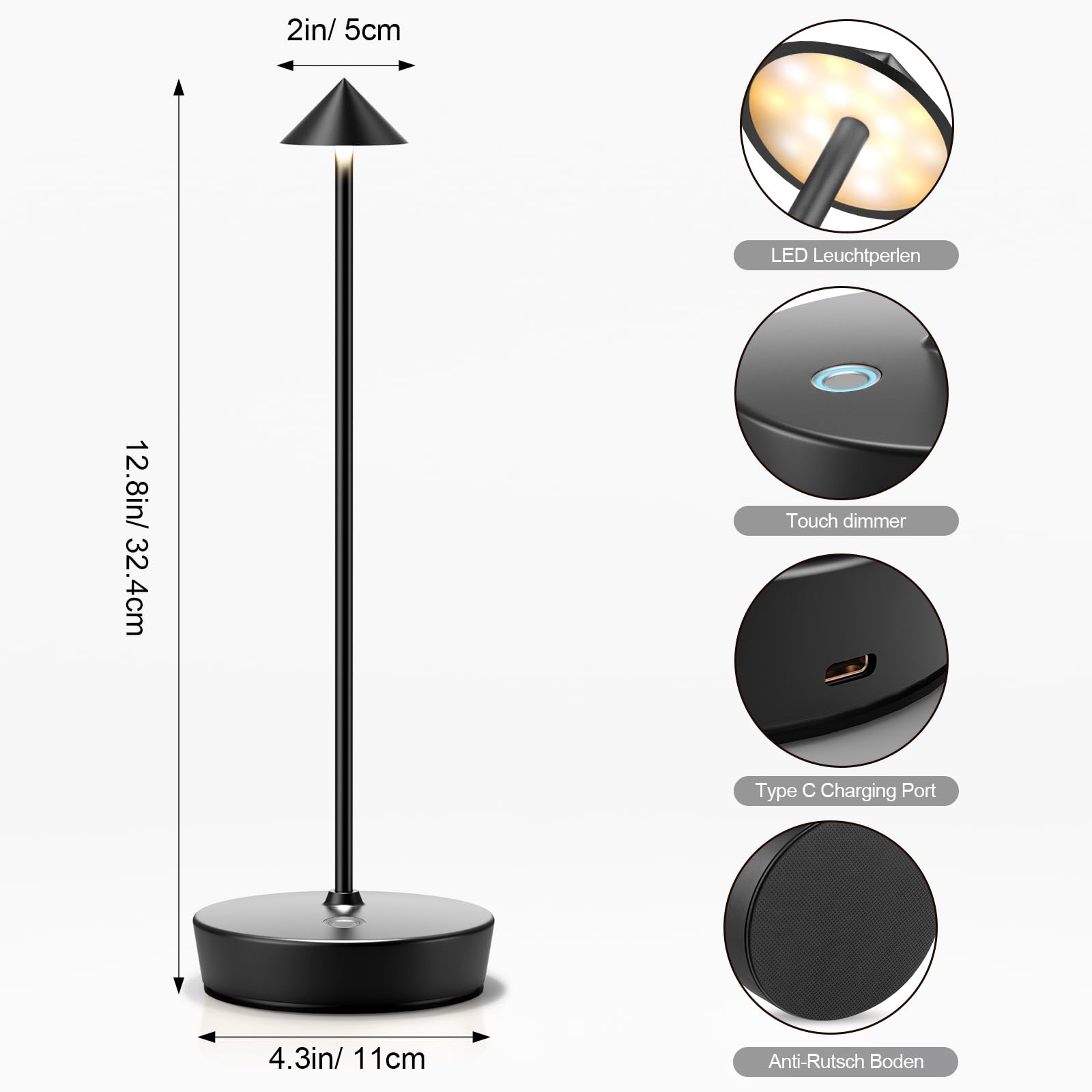 Epqdjzk Rechargeable Cordless Table Lamp，3 Color Stepless Dimming Portable 6000Mah Led Battery Operated Desk Lamp Touch Control Table Light For Patio Restaurant Dining Home (Black)