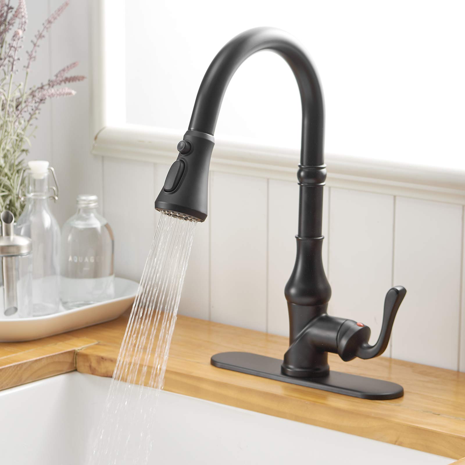 Bwe Kitchen Faucet Matte Black With Pull Out Sprayer 3 Spray Modes Farmhouse Single Handle Singe Lever Gooseneck High Arc Kitchen Sink Faucet With Deck Plate Commercial Bar Kitchen Faucets