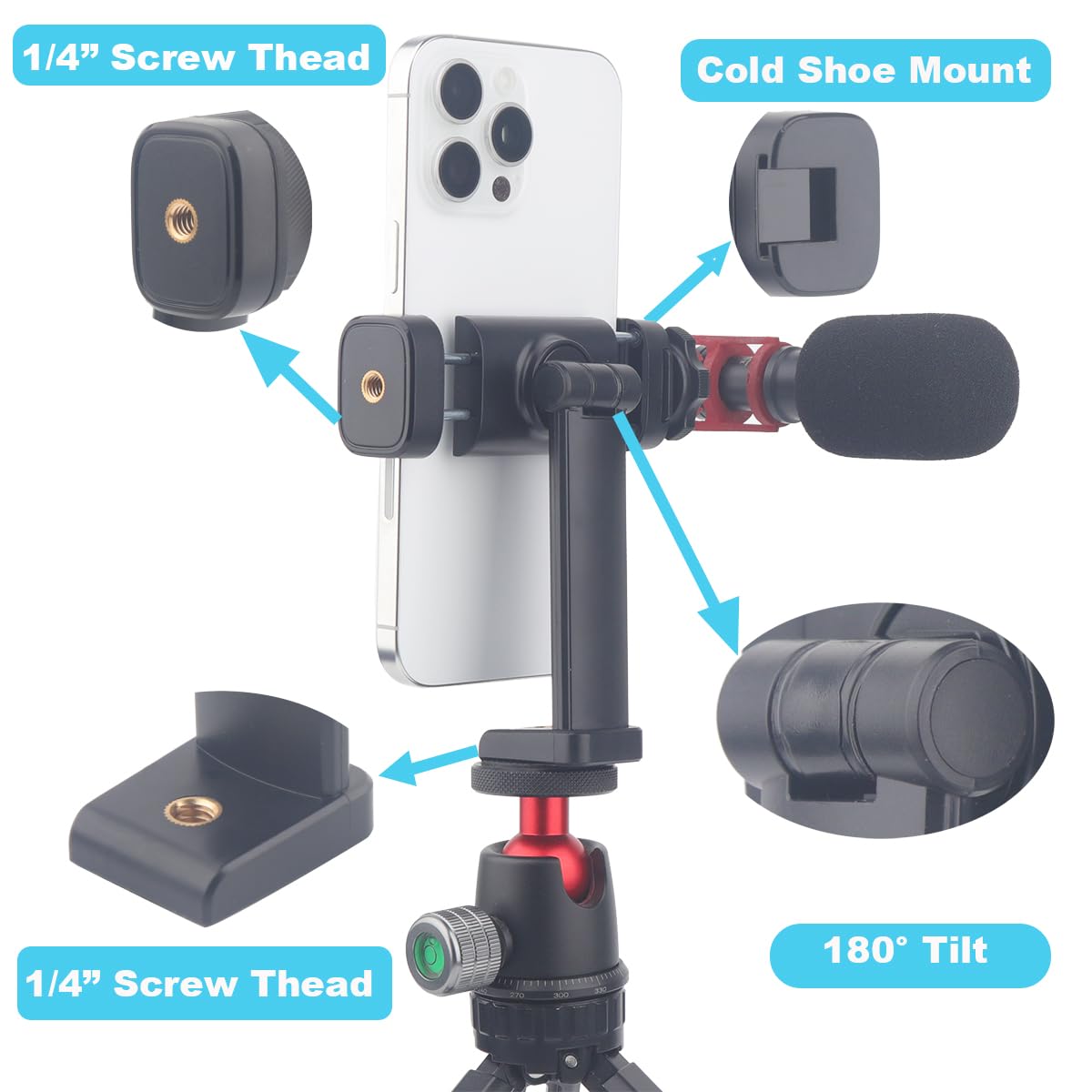 Rigdance 2Pcs Pack-Phone Tripod Mount With 1/4" Screw Thread, 360° Rotate 180° Tilt Phone Holder Adapter For Iphone, Tripod, Selfie Stick, Camera Stand