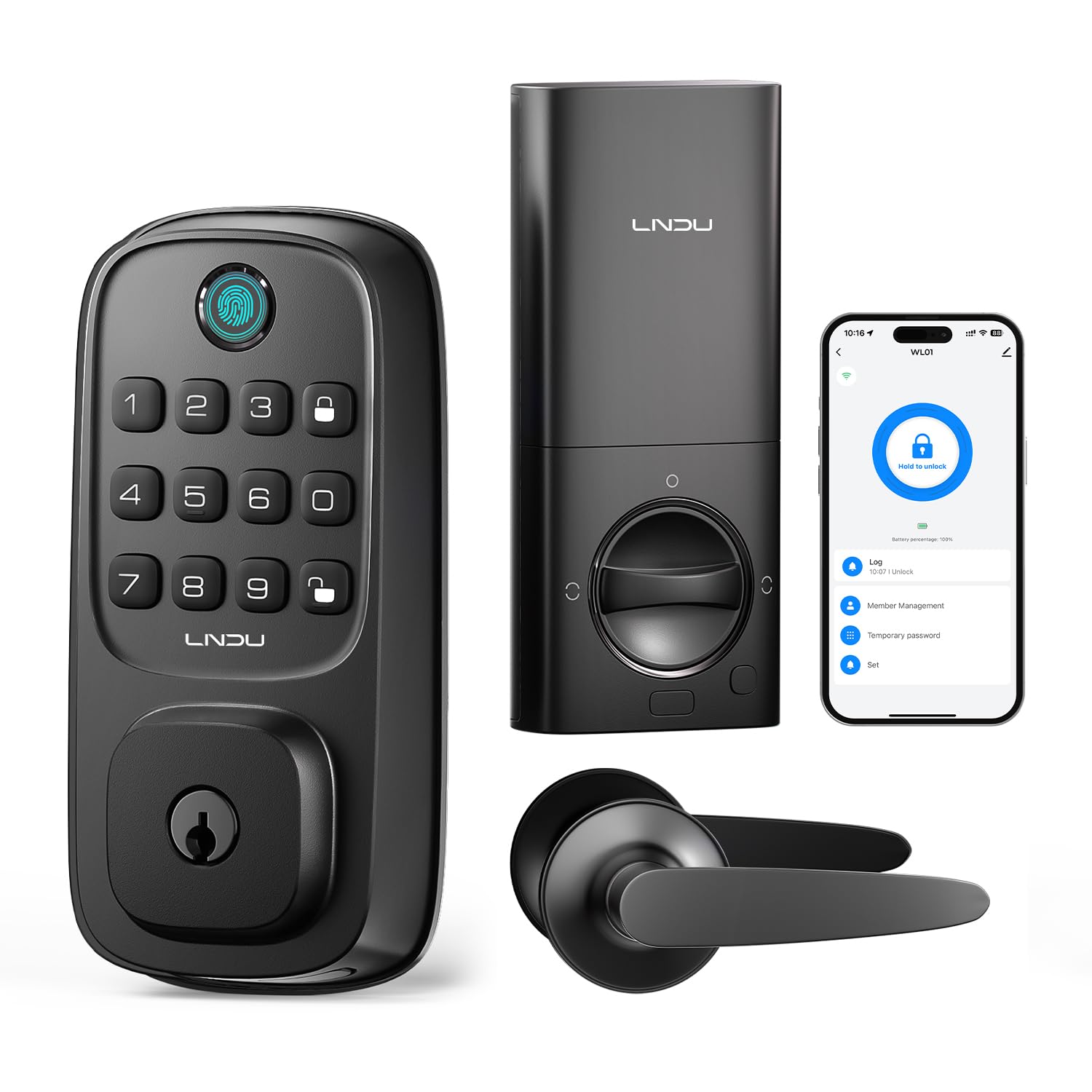 Lndu Smart Lock, Wi-Fi Keyless Entry Door Deadbolt Lock With Handleset, Supports Fingerprint,  Alexa, Google Assistant, App Control, Auto-Lock, One-Time Code, Anti-Peeking Password