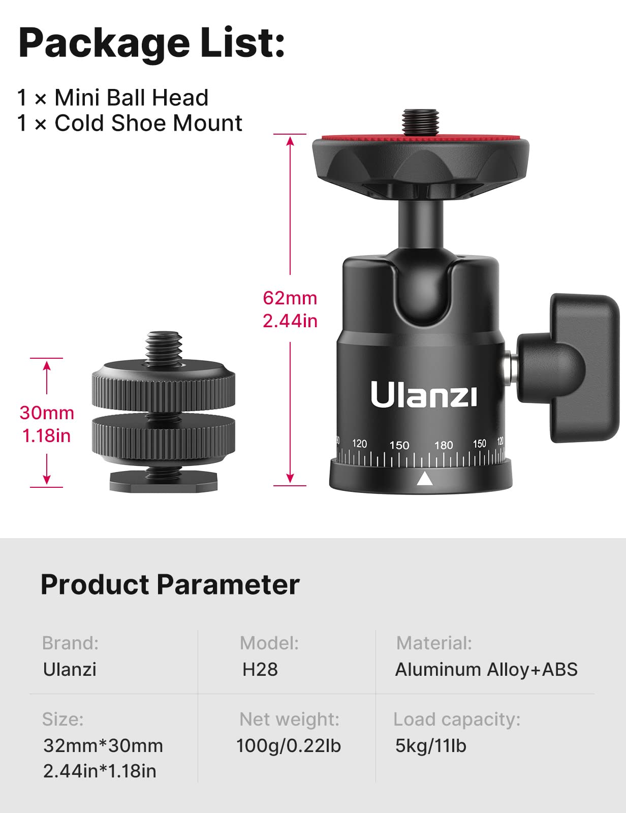 Ulanzi Select Mini Ball Head, Ulanzi H28 Panoramic Tripod Head + Dual Hot Shoe Mount Dslr Camera Mount Adapter Photograph Attachment Accessories For Action Cameras Cam Smartphone Light Microphone Loading 5.5Lb