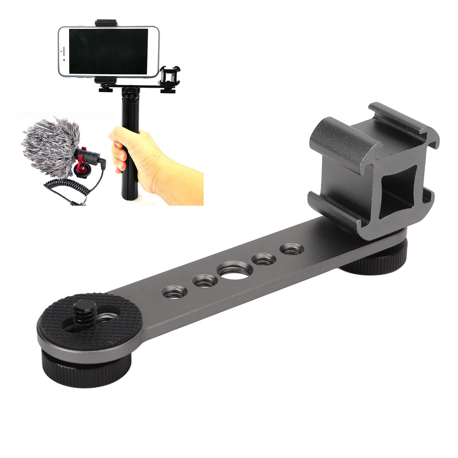 Hilitand Triple Cold Shoe Mount, Gimbal Microphone Light Extension Bar Bracket Aluminium Alloy With 1/4In And 3/8In Screw Holes For Dji Om 3/2, For Zhiyun Smooth 4, For Feiyu Gimbal Stabilizer(Dark Gray)