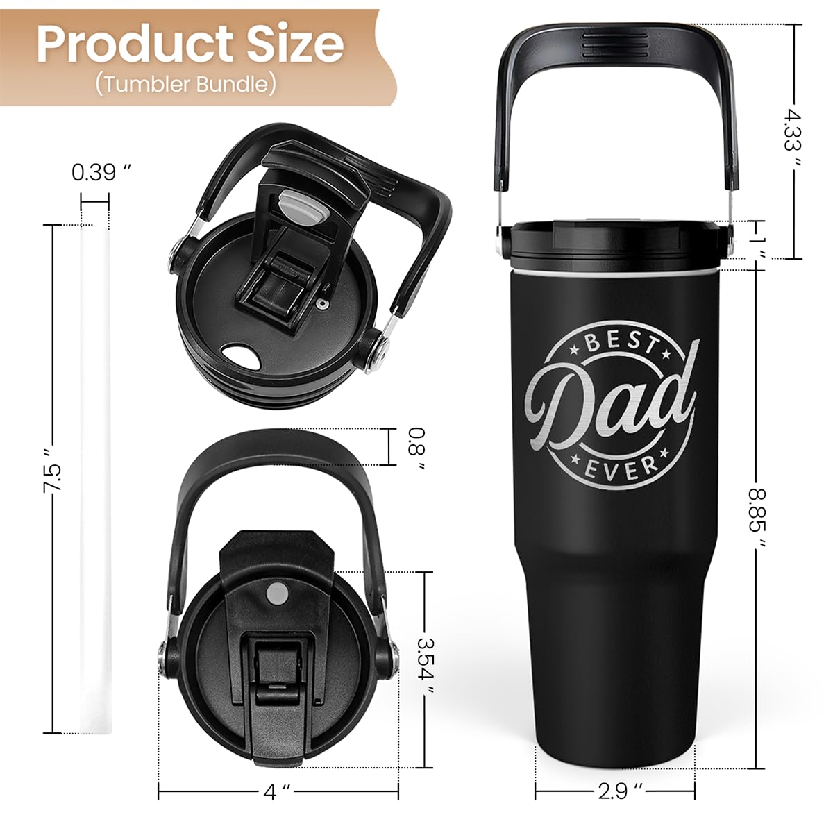 Best Dad Ever Tumbler 30Oz, Stainless Steel Insulated Tumblers Travel Cup With Carry Handle & Flip
