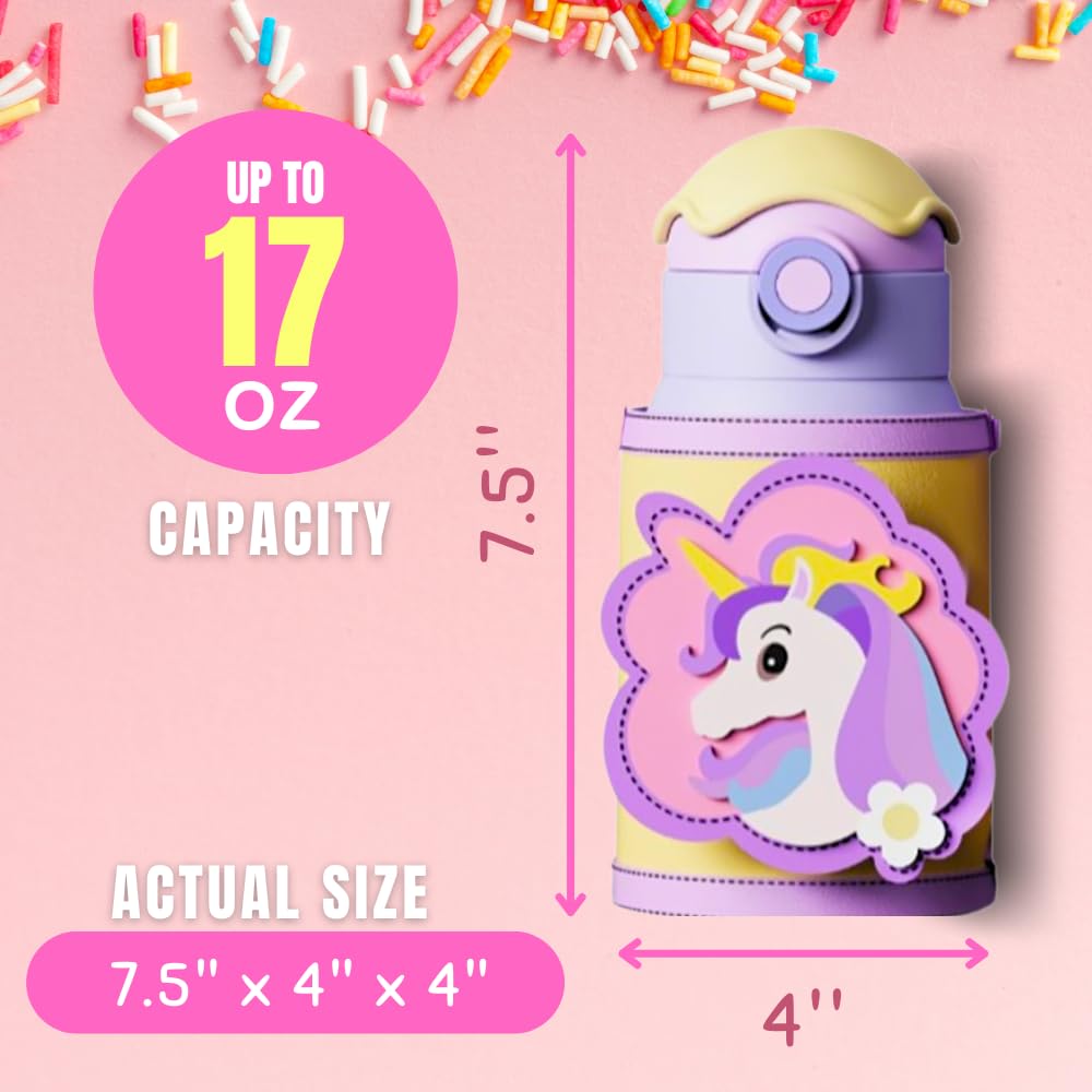 Unicorn Drinking Kids Insulated Water Bottle - Easy Open Button & Carrying Lanyard With Zipper