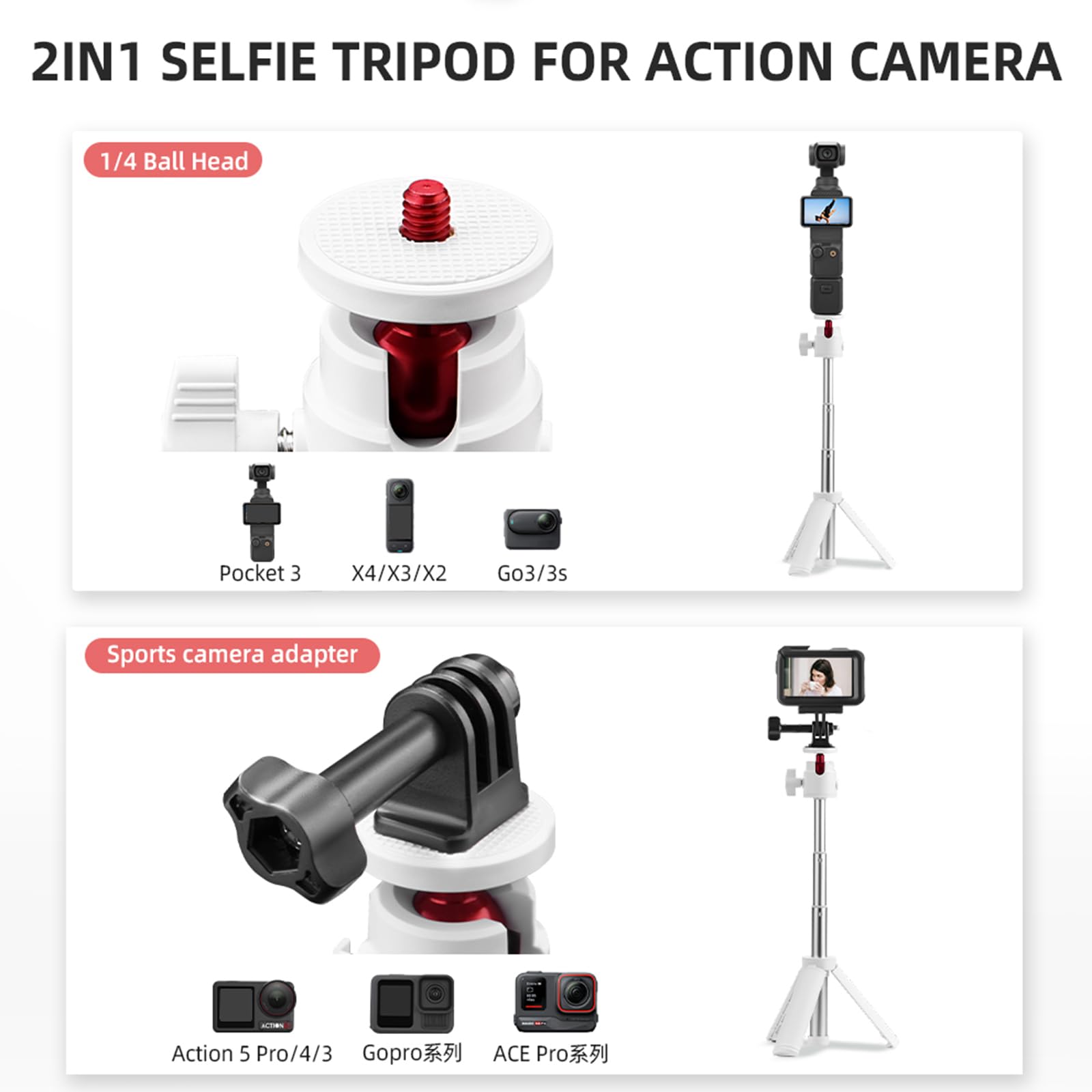 Tyuandouer Pocket 3 Mini Tripod For Dji Osmo Pocket 3 2 1, Compact Foldable Vlog Tripod For Dji Om 4/Action 3 4/Gopro Hero 12 11/For Insta360 X4/For Instax Mini Pal With 1/4 Inch Screw