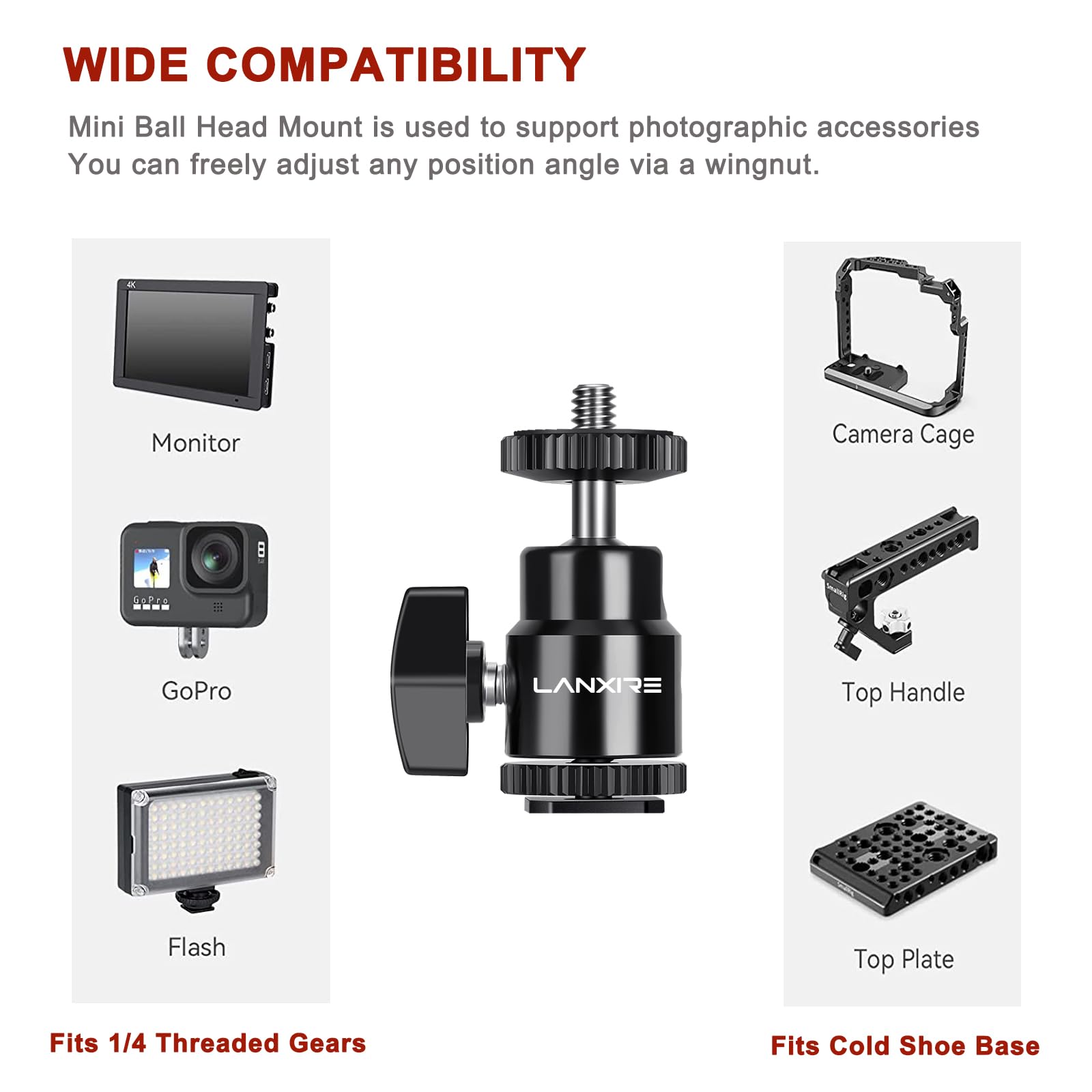 Lanxire Camera Hot Shoe Mount With 1/4" Screw And Ball Head Adapter - Compatible With Camera, Camcorder, Smartphone, Action Camera, Led Lights, Microphone - 2 Pack
