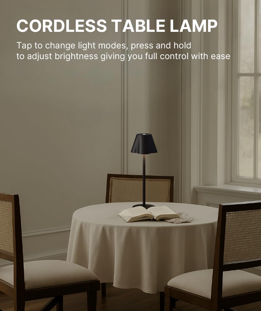 La Luz Lamps 13.5” Cordless Led Table Lamp – Modern Touch Dimmable Light With Usb-C Charging – Rechargeable Battery Powered Lamp For Bedroom, Living Room, Desk, Or Patio (Black)