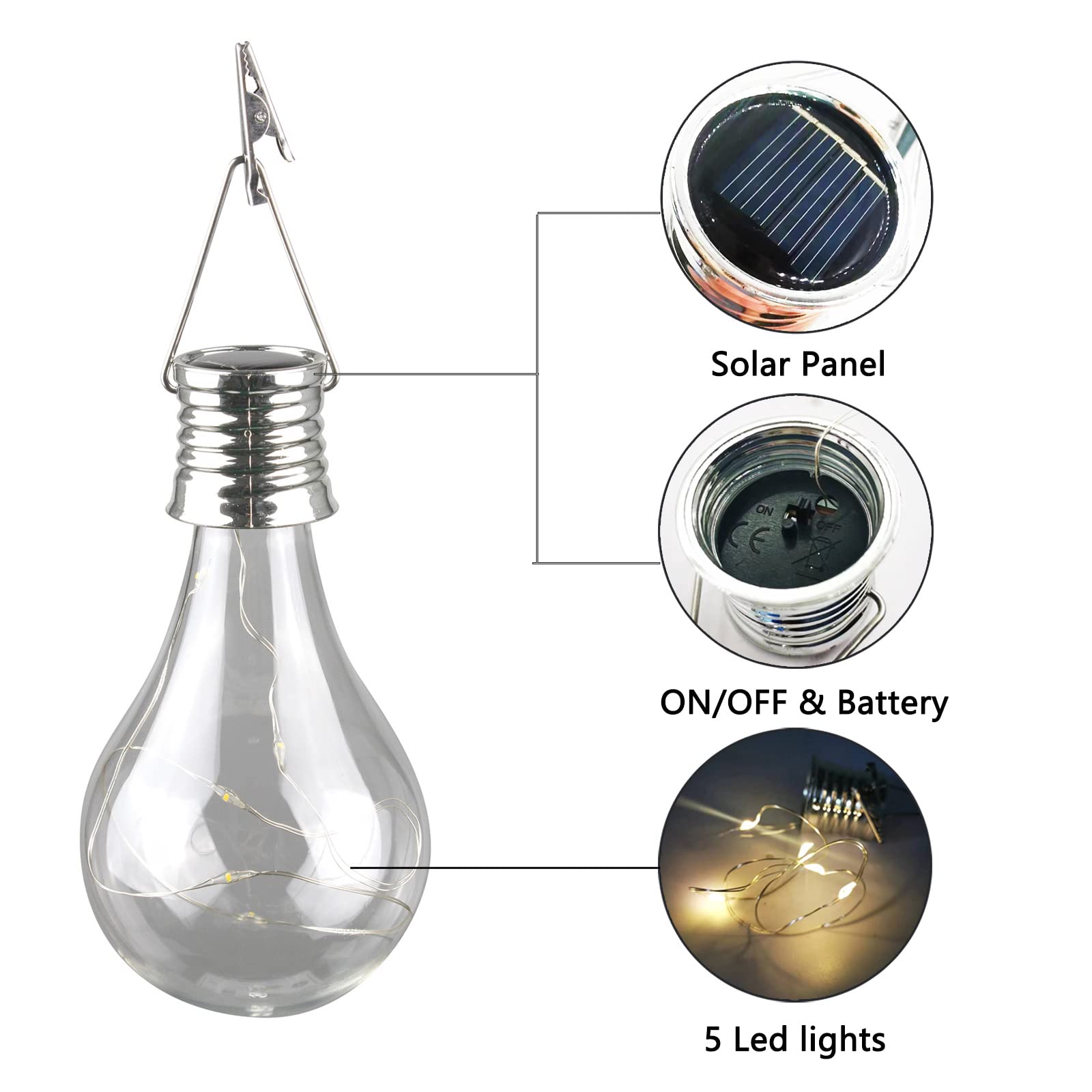 Pearlstar Solar Light Bulbs Outdoor Waterproof Garden Camping Hanging Led Light Lamp Bulb Globe Hanging Lights For Home Yard Christmas Party Holiday Decorations (6 Pack-Clear Bulbs)