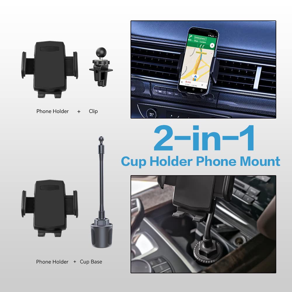 Vargtr 2-In-1 Cup Holder Phone Mount, Universal Adjustable Gooseneck Cup Holder, 360 Rotation, One-Button Release, Fits 4"-7" Phones