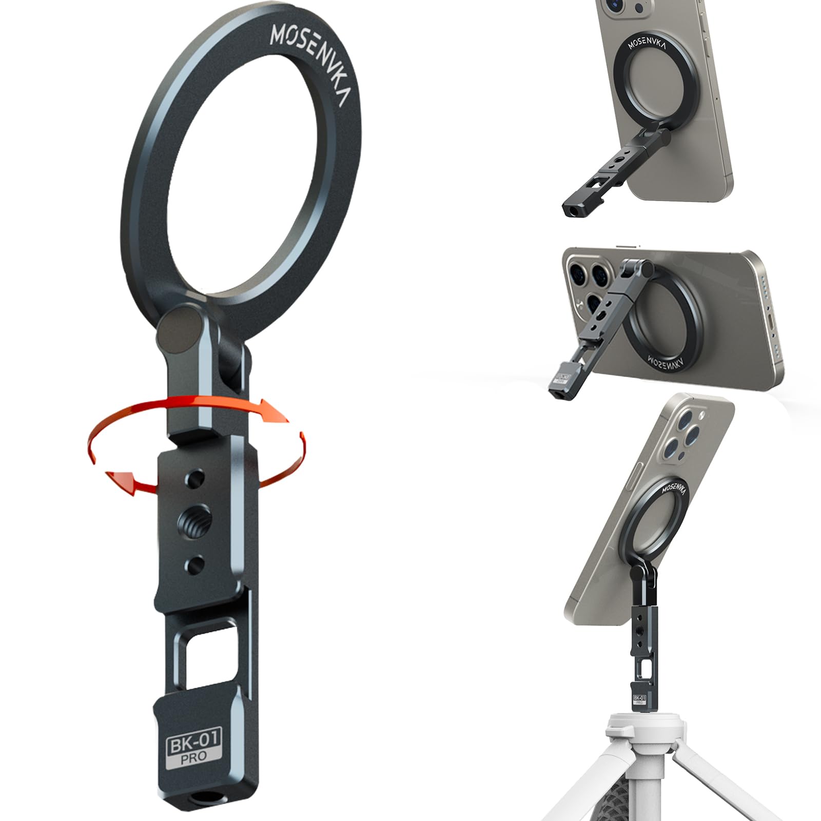 Mosenvka Magnetic Tripod Phone Mount, Phone Grip Stand, Strong Magnet,Foldable Ring Holder Magnetic Handy Kickstand With 1/4" Screw Hole&Cold Shoe Mount For Iphone 16/15/14/13/12/Tripod/Camera