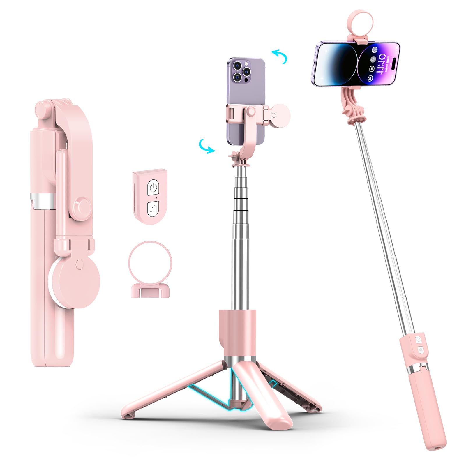 Noox Selfie Stick With Rechargable Remote And Light, Tripod For Iphone, Cell Phone Stand For Video Recording, Portable Travel Essentials Smartphone Mount Holder, Extendable Vlogging Filming Accessories