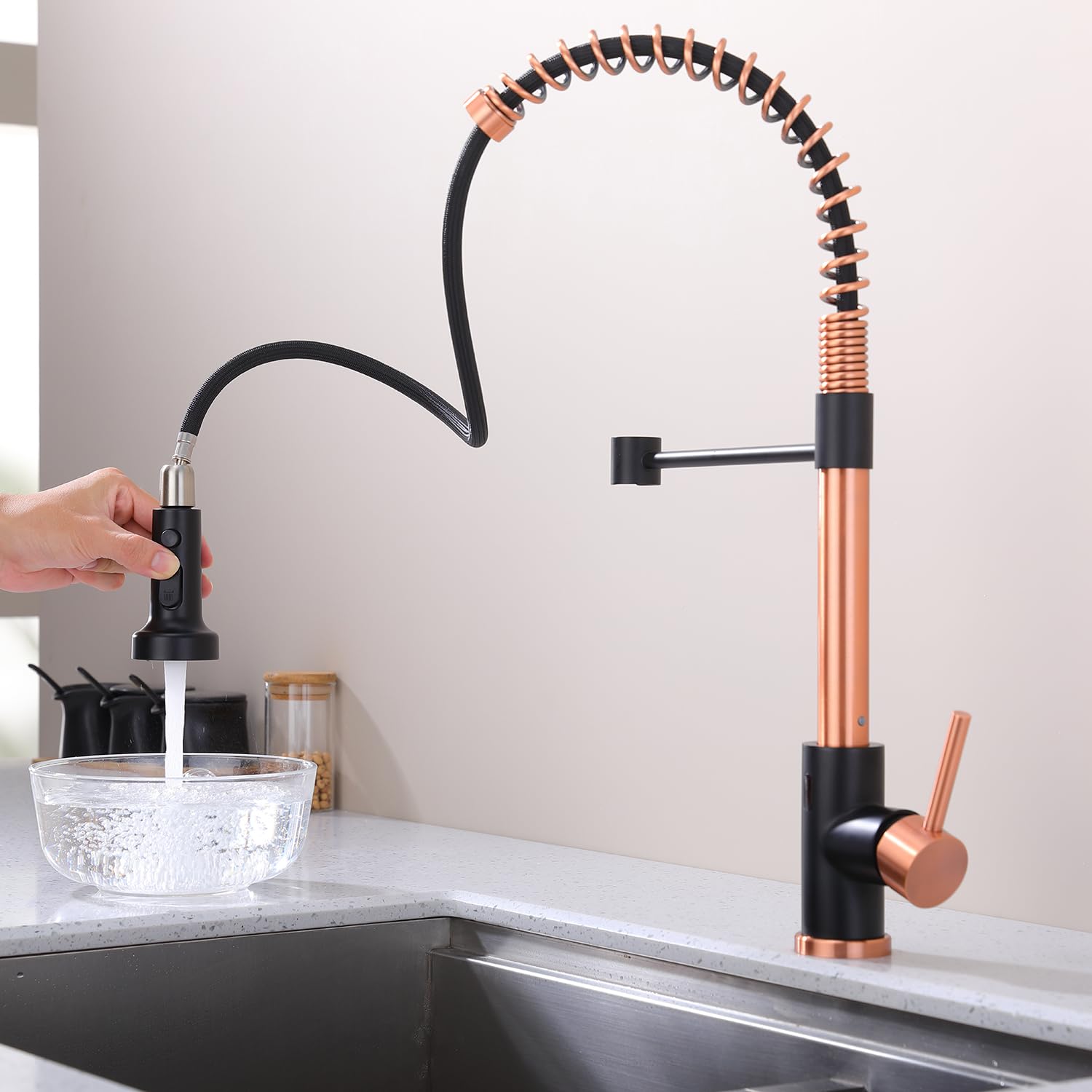 Avola Copper Pull Out Kitchen Faucet,Hands  Touchless Kitchen Sink Faucets, Rose Gold Motion Sensor Activated Smart Hands  Kitchen Faucets, Copper And Matte Black