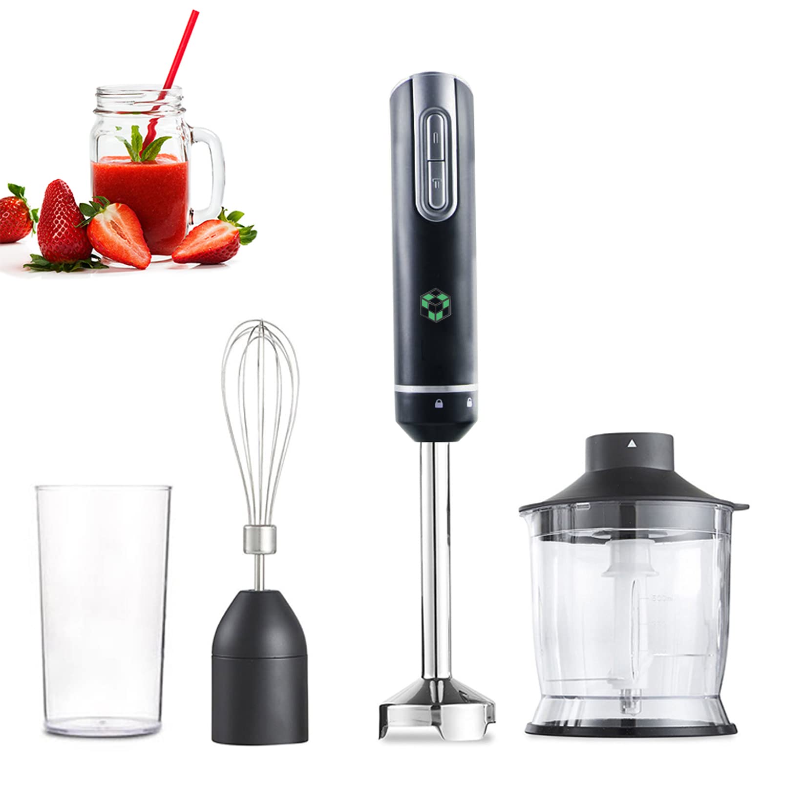 Ikan Tech 4-In-1 Immersion Hand Blender (Titanium Coating), Powerful 500W Handheld Stick Blender With Stainless Steel Blades, 12 Speeds Multi-Purpose Blender W/ Chopper, Beaker, Egg Whisk (Black)