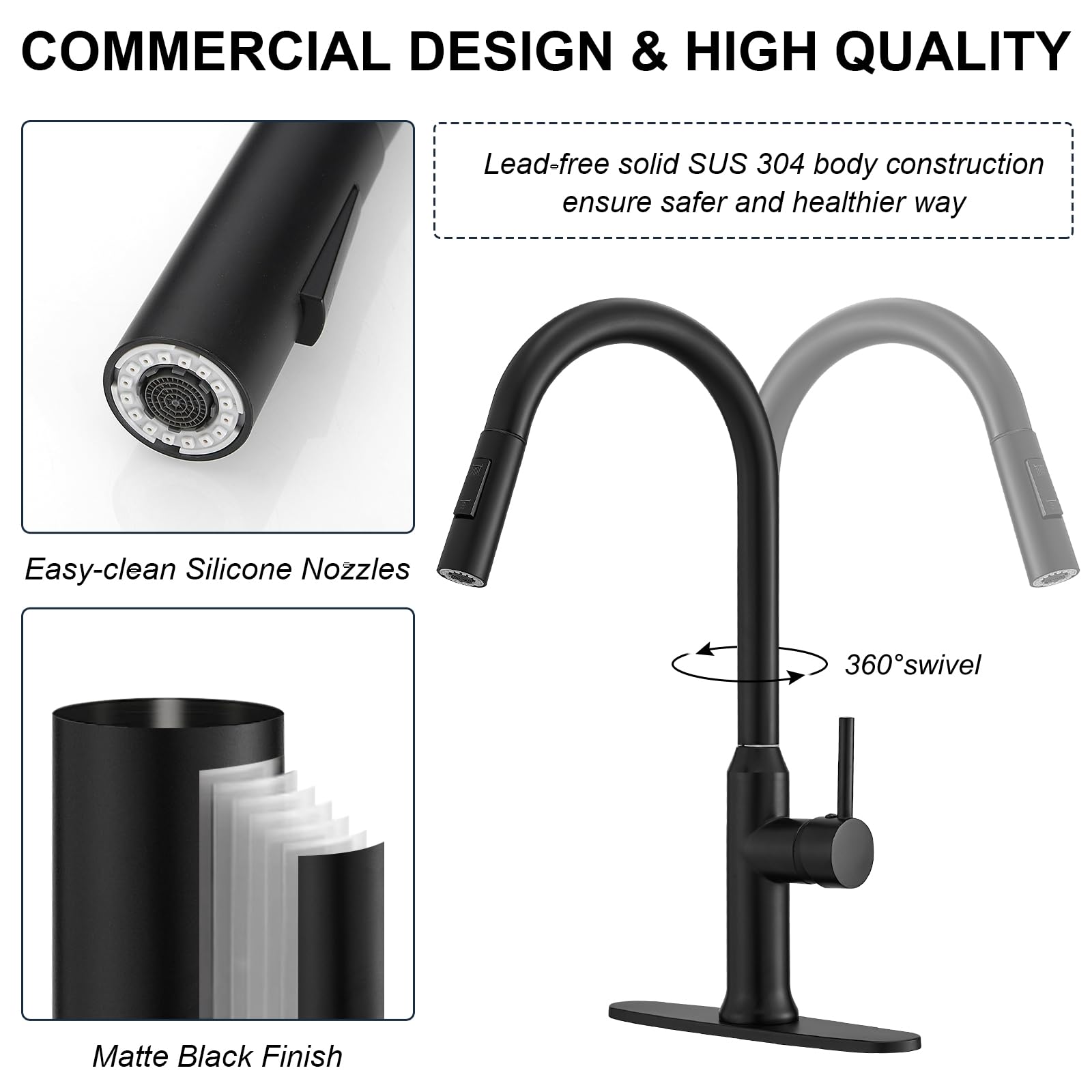 Kroias Matte Black Kitchen Faucet With Pull Down Sprayer, Single Handle Kitchen Sink Faucet 1 Or 3 Hole Commercial Rv Stainless Steel Kitchen Faucet With Deck Plate And Cupc Supply Lines