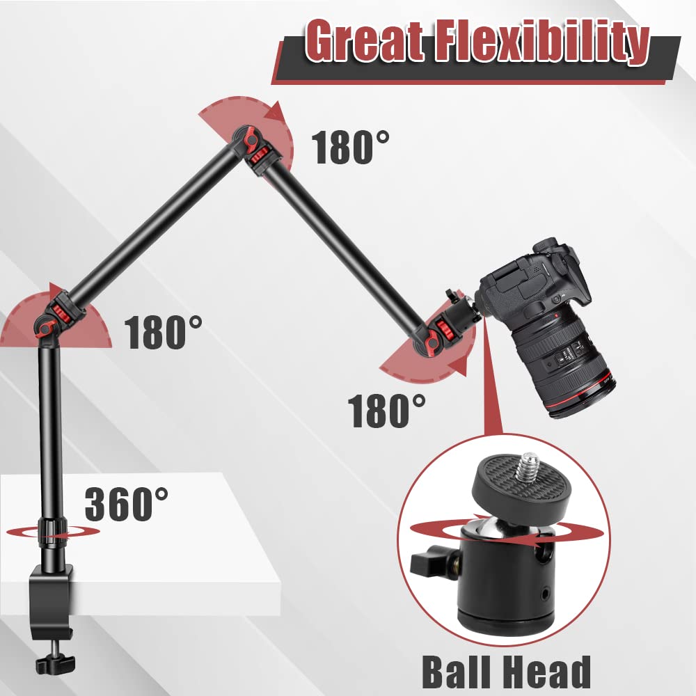 Foutoukeep Overhead Camera Mount With 1/4“ 3/8" 5/8" Screws, Adjustable 3-Section Camera Desk Mount With 180° Range & 360° Base Dslr Camera Stand