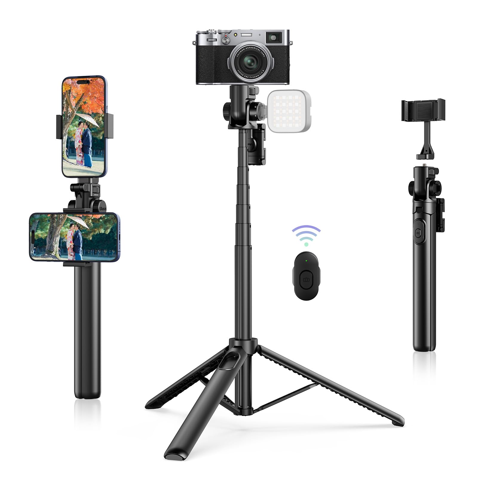 Ulanzi Mt-70 Extendable Phone Tripod, 63"" Selfie Stick Phone Vlog Tripod Stand With 2 Phone Clip, 360° Rotate Dual Camera Tripod For Iphone Sony Canon Gopro, Lightweight For Travel, Black