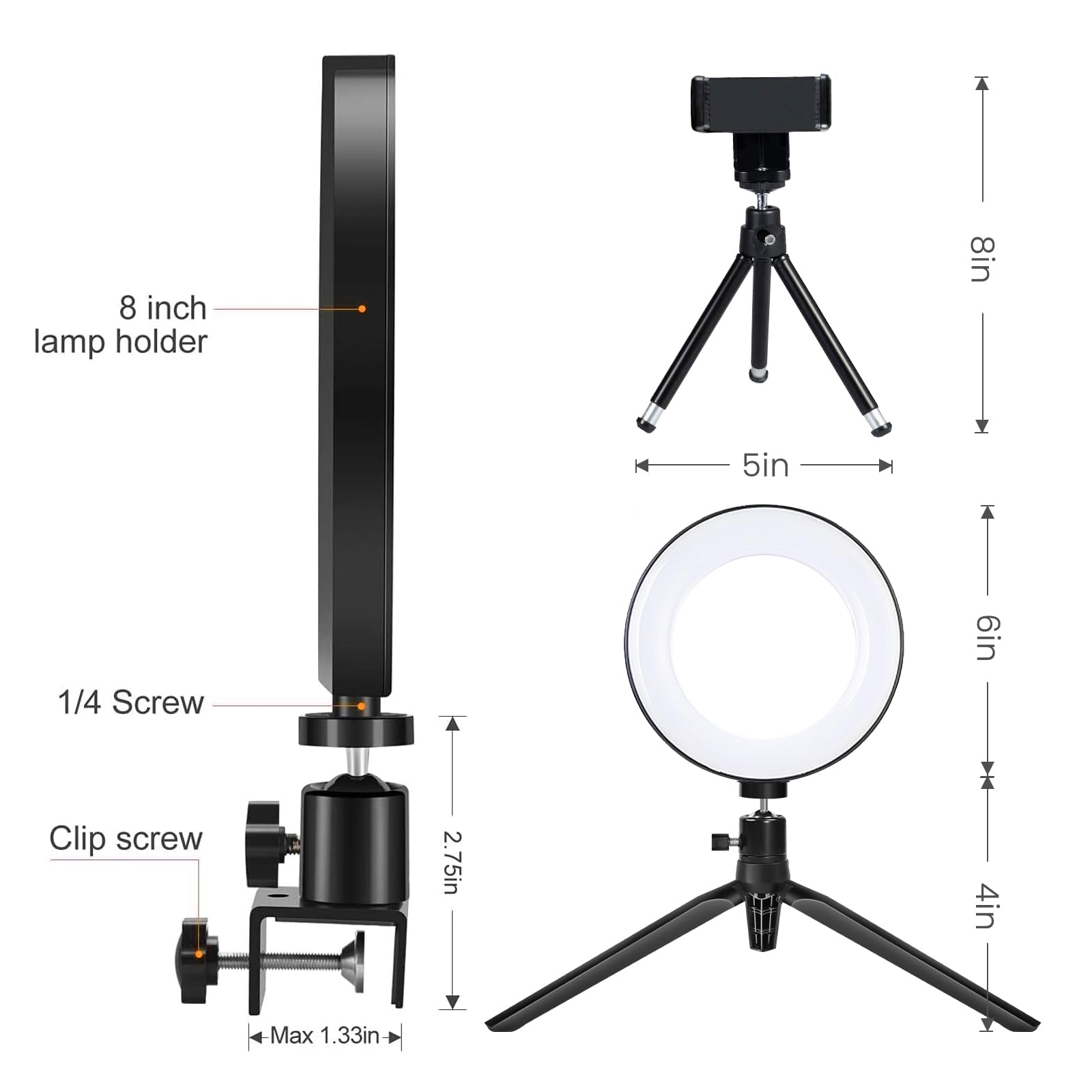 Mactrem 2 In 1 Led 6"" Ring Light With Tripod Stand & Clamp For Youtube Video And Makeup, Mini Led Camera Light With Cell Phone Holder Desktop Led Lamp With 3 Light Modes & 11 Brightness Level, Black