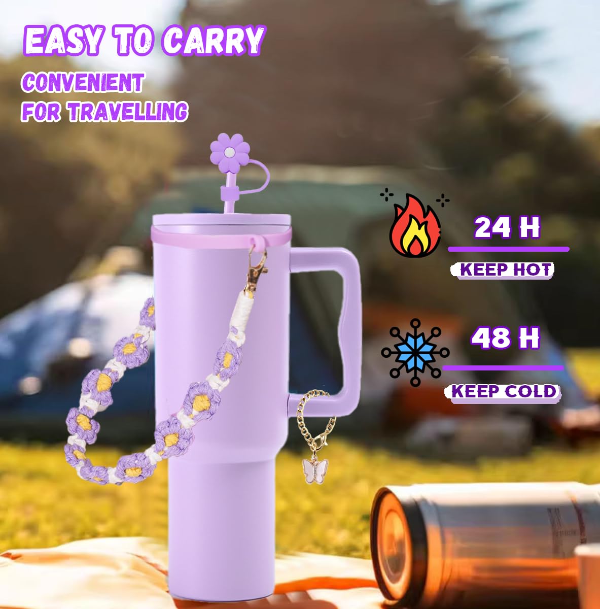 40 Oz Tumbler With Handle Straw And Accessories, Drop & Abrasion Resistant, Vacuum Double