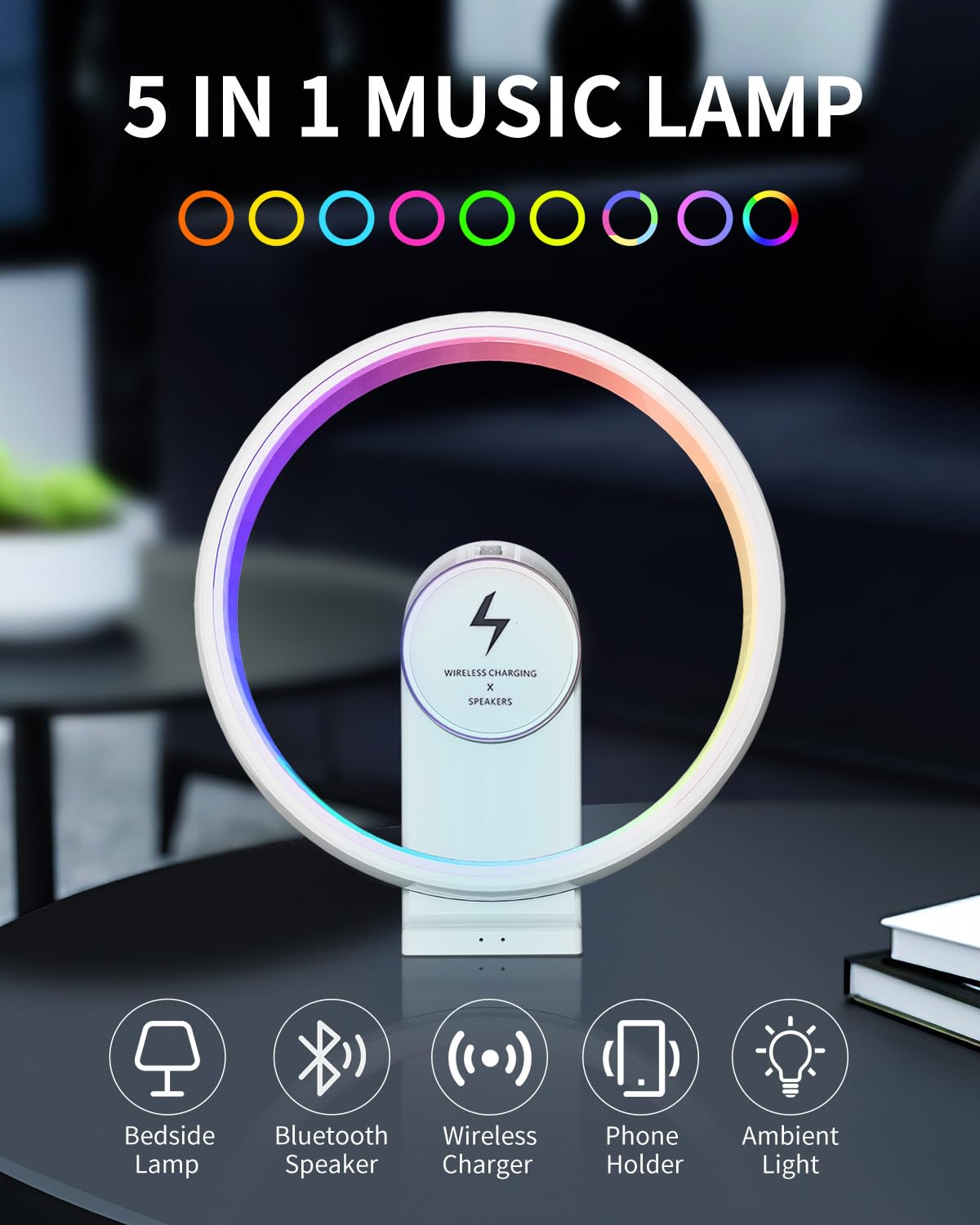 Pluwel 5-In-1 Ambient Bedside Table Lamp With Dimmable Rgb Night Lights, Portable Bluetooth Speaker, 15W Wireless Charging Station, Sturdy Phone Holder, Trendy For Teen Boy Girl