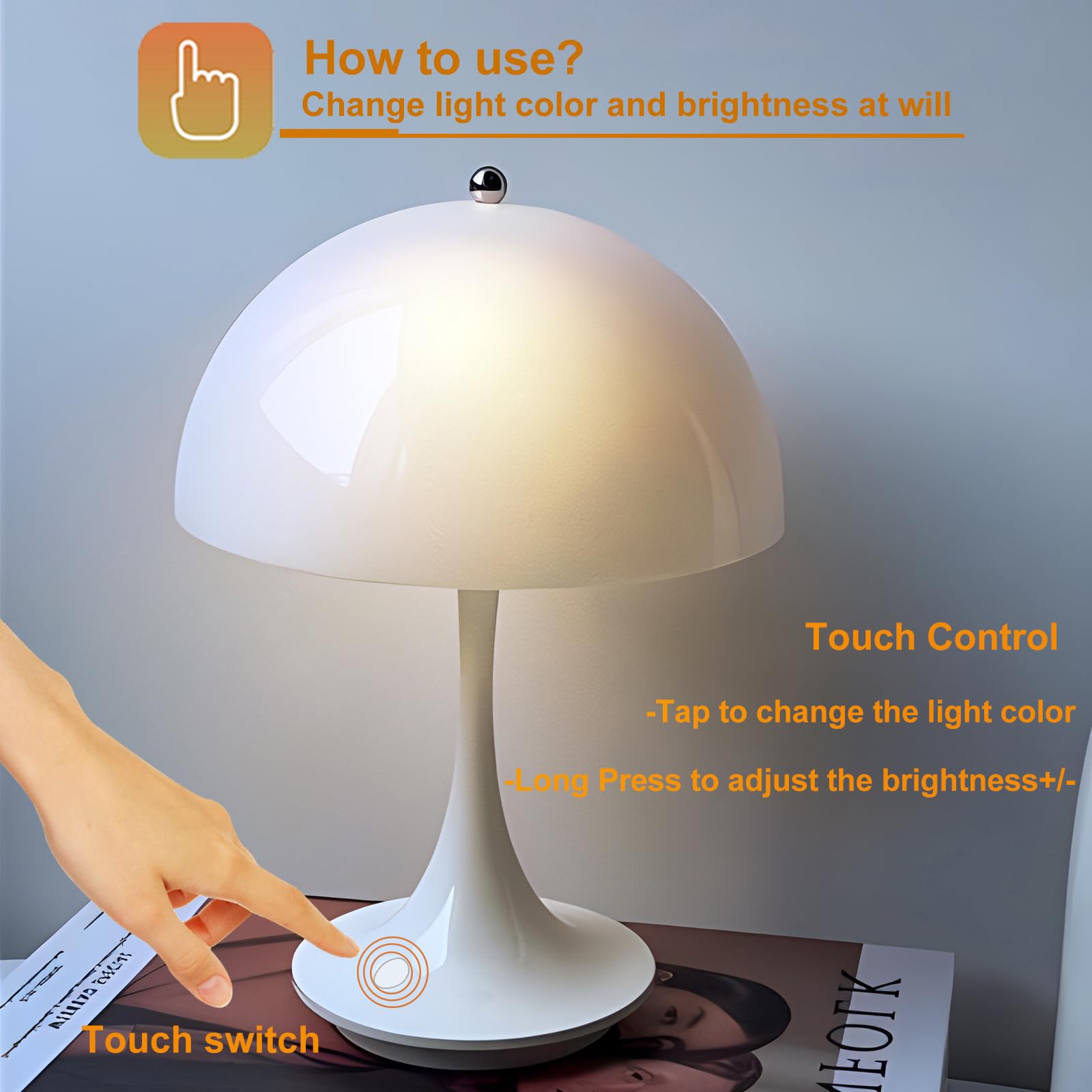 Divekid Cordless Mushroom Table Lamp With Touch Sensor, 3 Color Stepless Dimmable Portable Lights For Bedroom Decor/Restaurant/Outside/Camping (Small,9In High X 6.3 In. Wide)