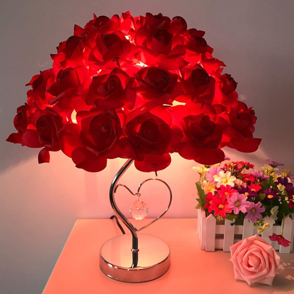 Lifenanny Rose Flower Table Lamp, Romantic Bouquet Lamp Bedside Night Light Artificial Rose For Valentines Dating Party Home Bedroom Wedding Decor (Red)