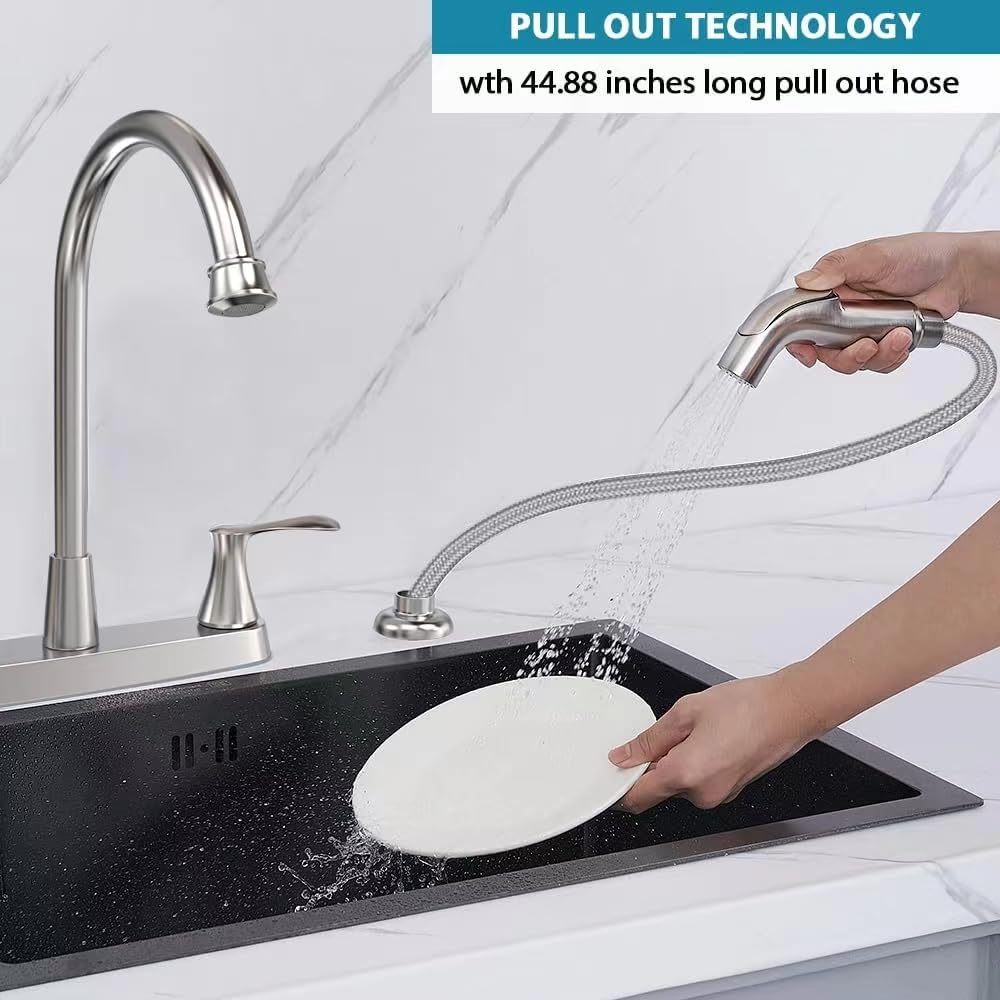 Gowin Brushed Nickel Kitchen Sink Faucet With Side Sprayer, Two Handle High Arc 4 Holes 8 Inch Centerset Stainless Steel Kitchen Sink Faucet With Pull Out Sprayer,Grifos De Cocina