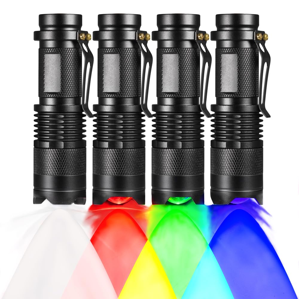 Raysoar 4 Pack Color Light 3-Mode Flashlight: Red Light Flashlight, Green Light Flashlight, Blue Light Flashlight, Cool White Light Flashlight For Night Observation