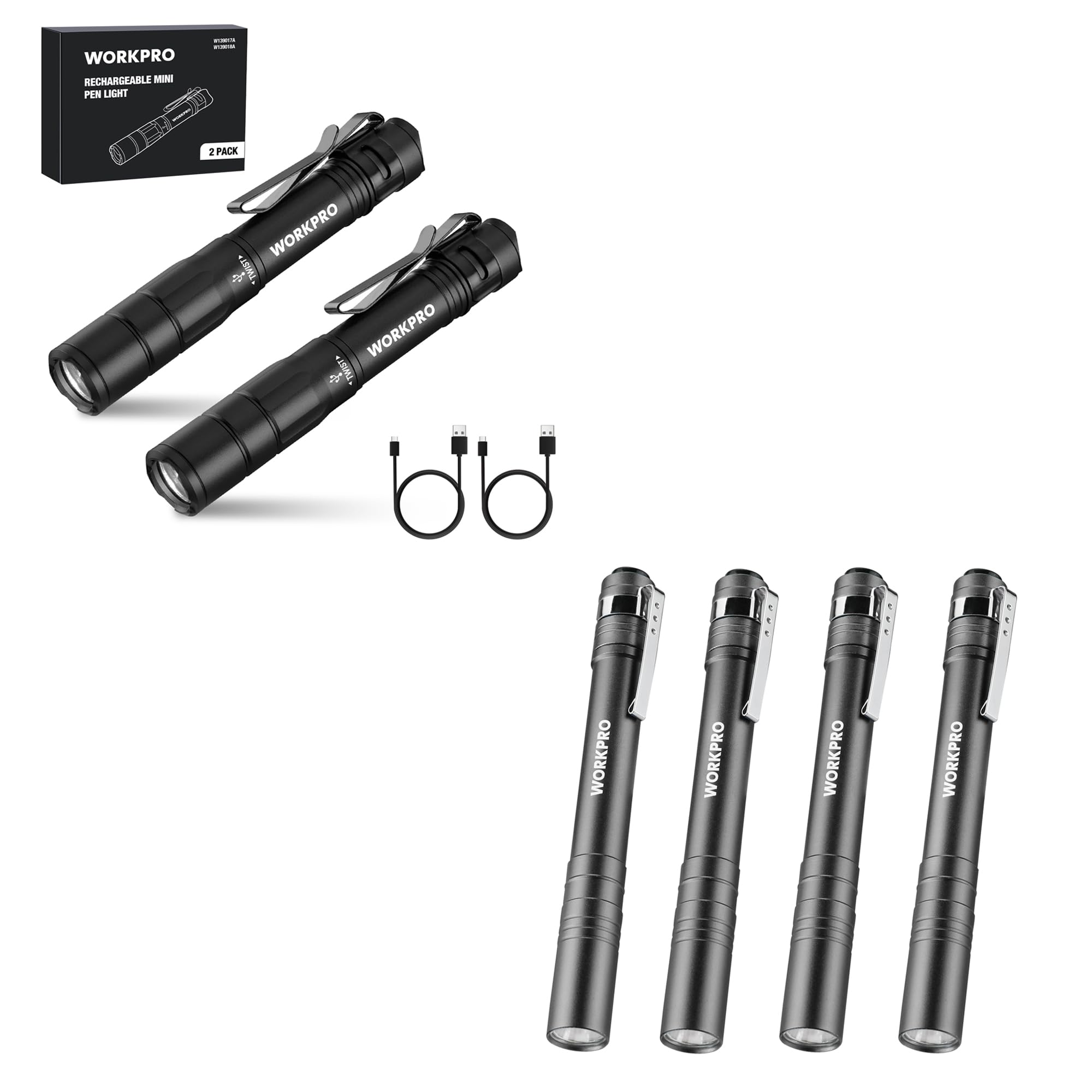 Workpro 2 Pack Rechargeable Pen Light & 4 Pack Pen Light (Batteries Included)