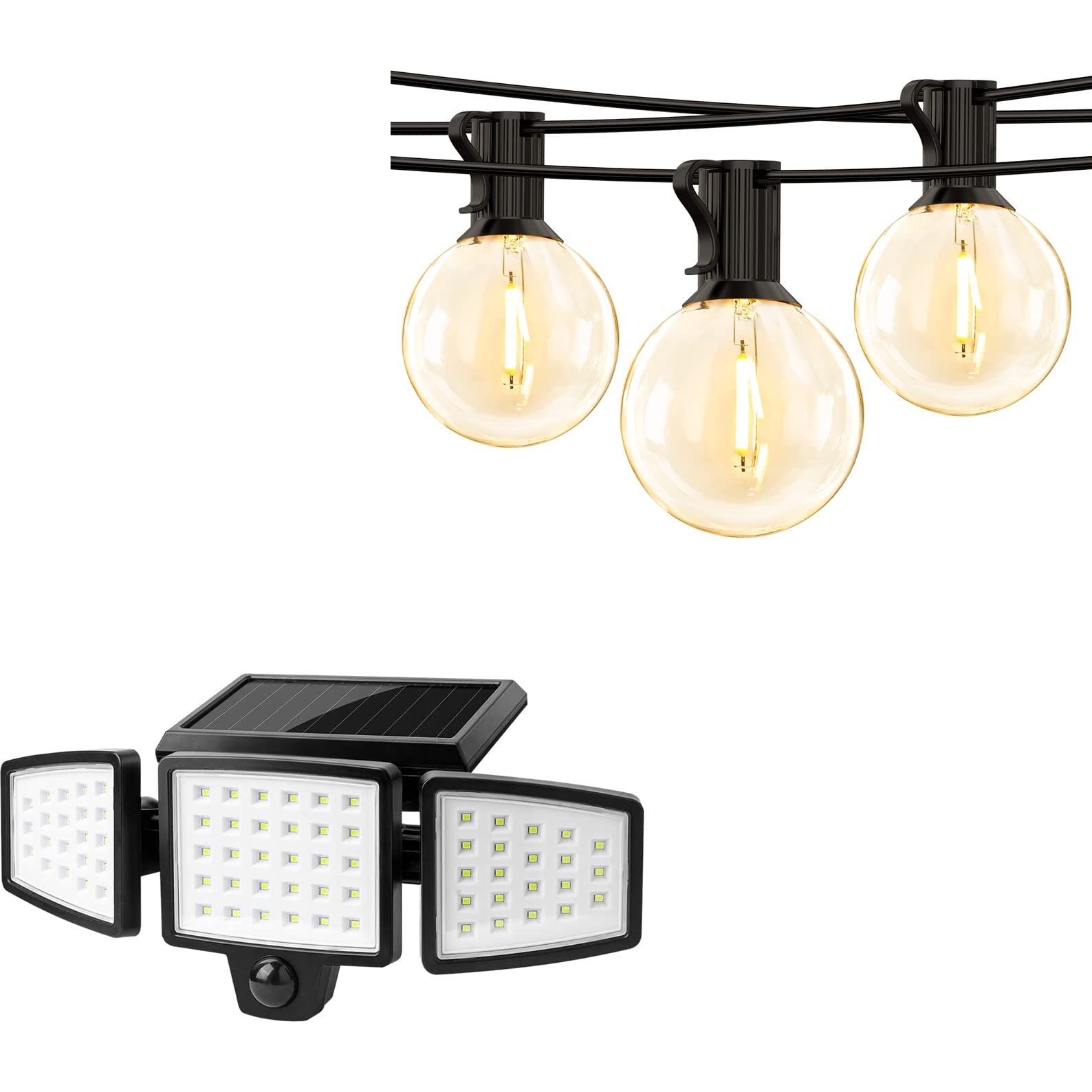 Lepro Bundle - Solar Flood Light 3 Adjustable Heads & 50 Ft Outdoor String Lights 25 Led G40 Edison Bulbs String Lights