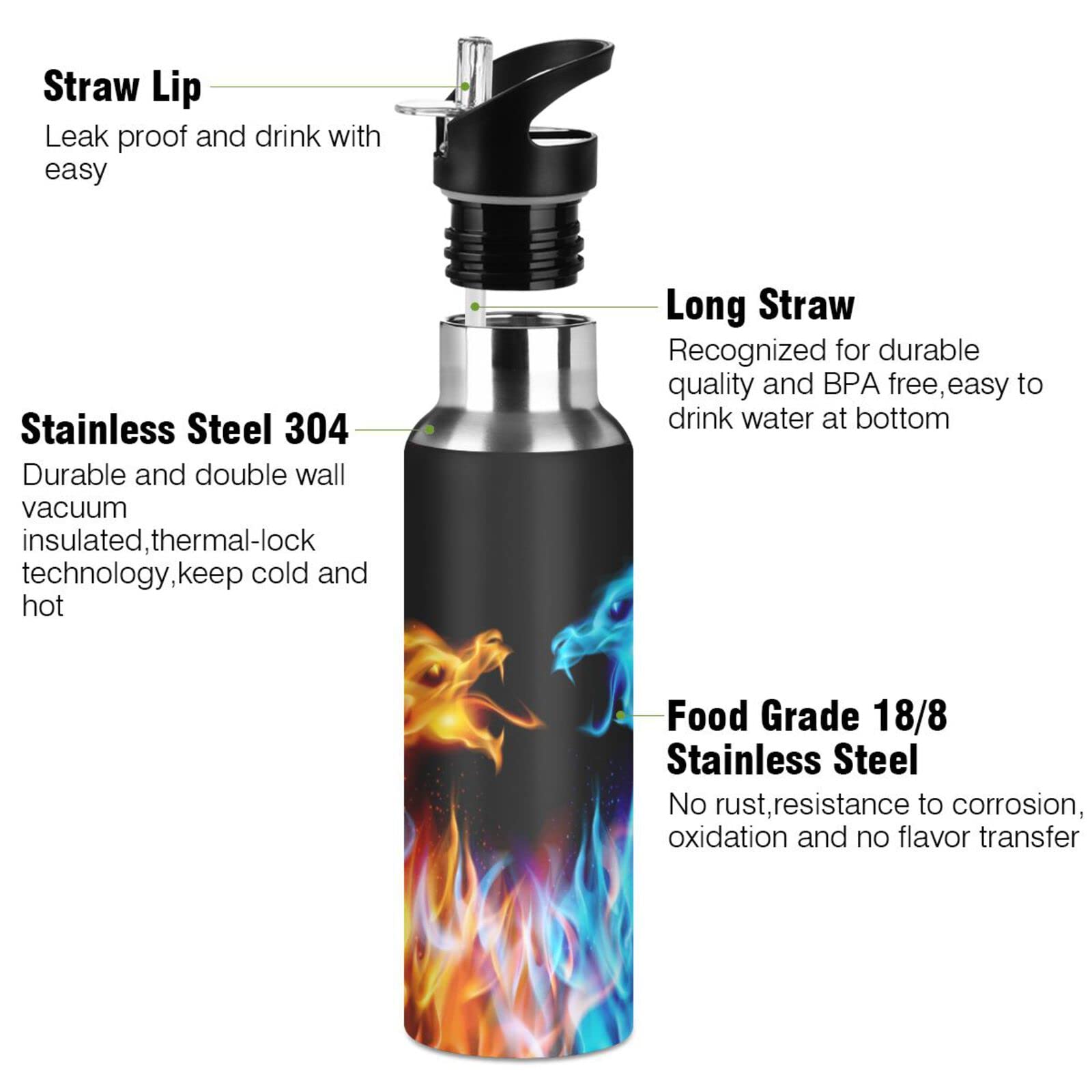 Kcldeci Red Blue Fire Dragon Sports Water Bottle 20 Oz Straw Lid Leak Proof Vacuum