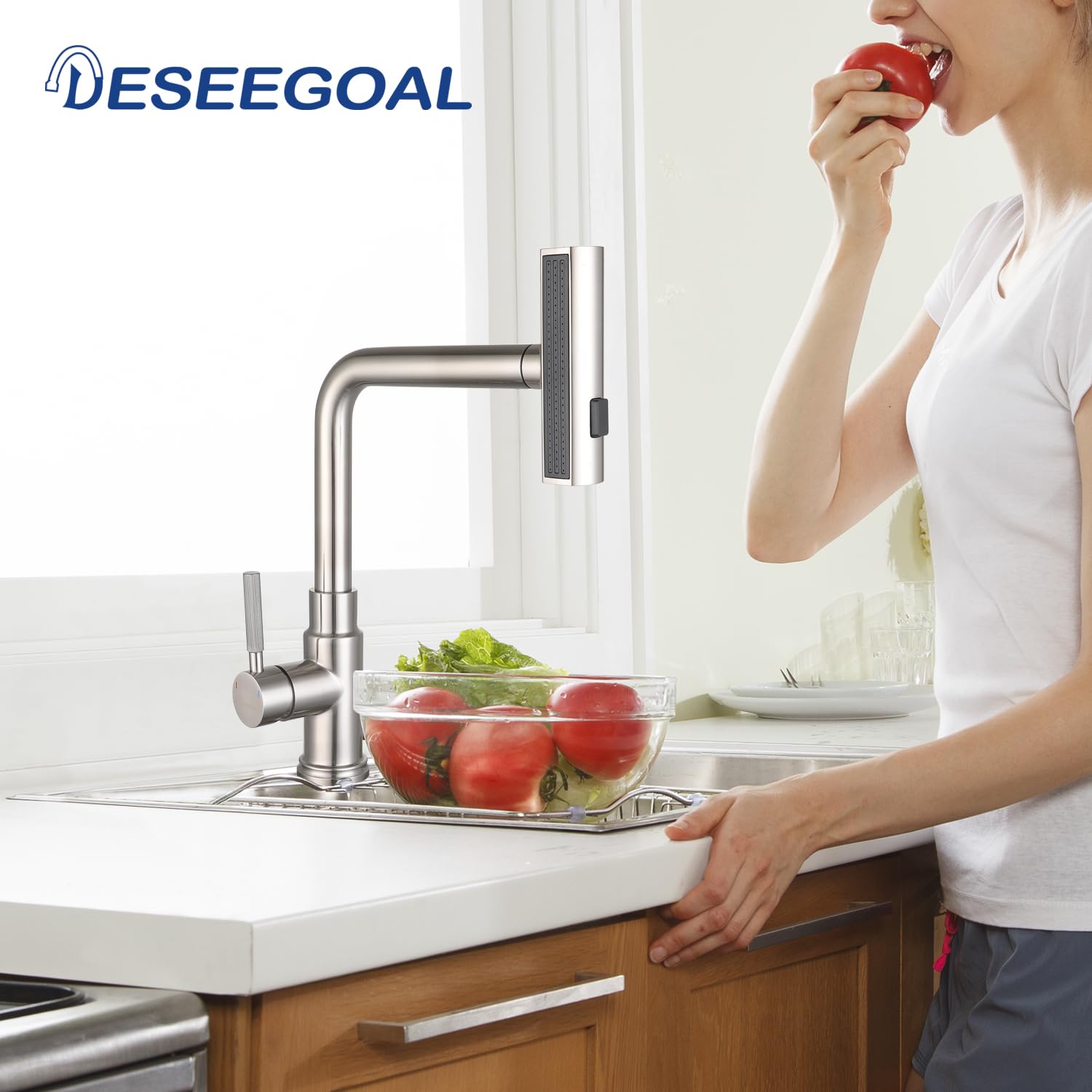 Deseegoal Waterfall Kitchen Faucets With Pull Down Sprayer, Three Function Sprayer Single Handle Sink Faucet 1 Or 3 Hole Installation, 360°Rotatable Kitchen Sink Faucet, Brushed Nickel