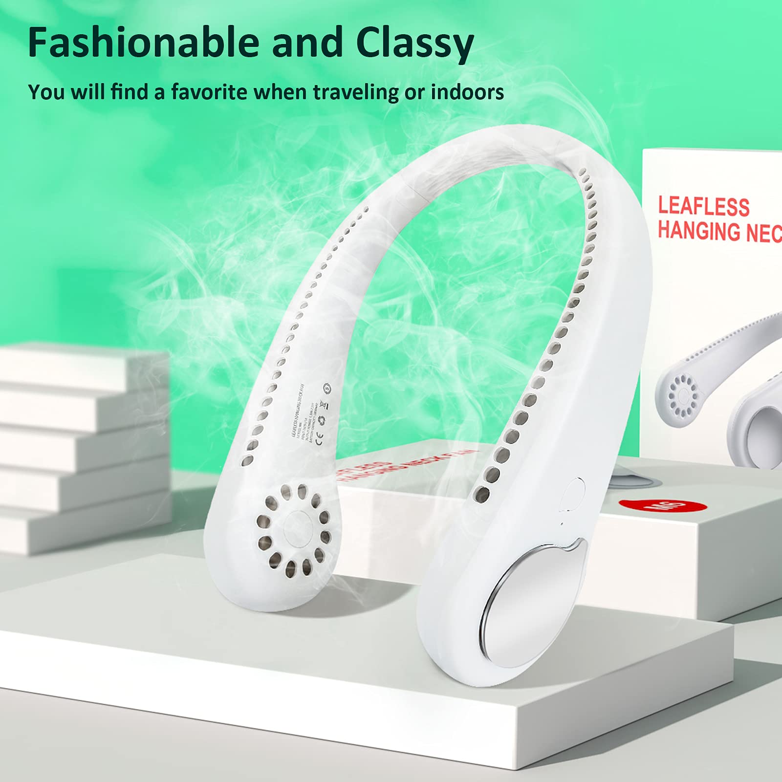 Portable bladeless neck fan with 360° airflow, rechargeable battery, and hands-free design for on-the-go cooling