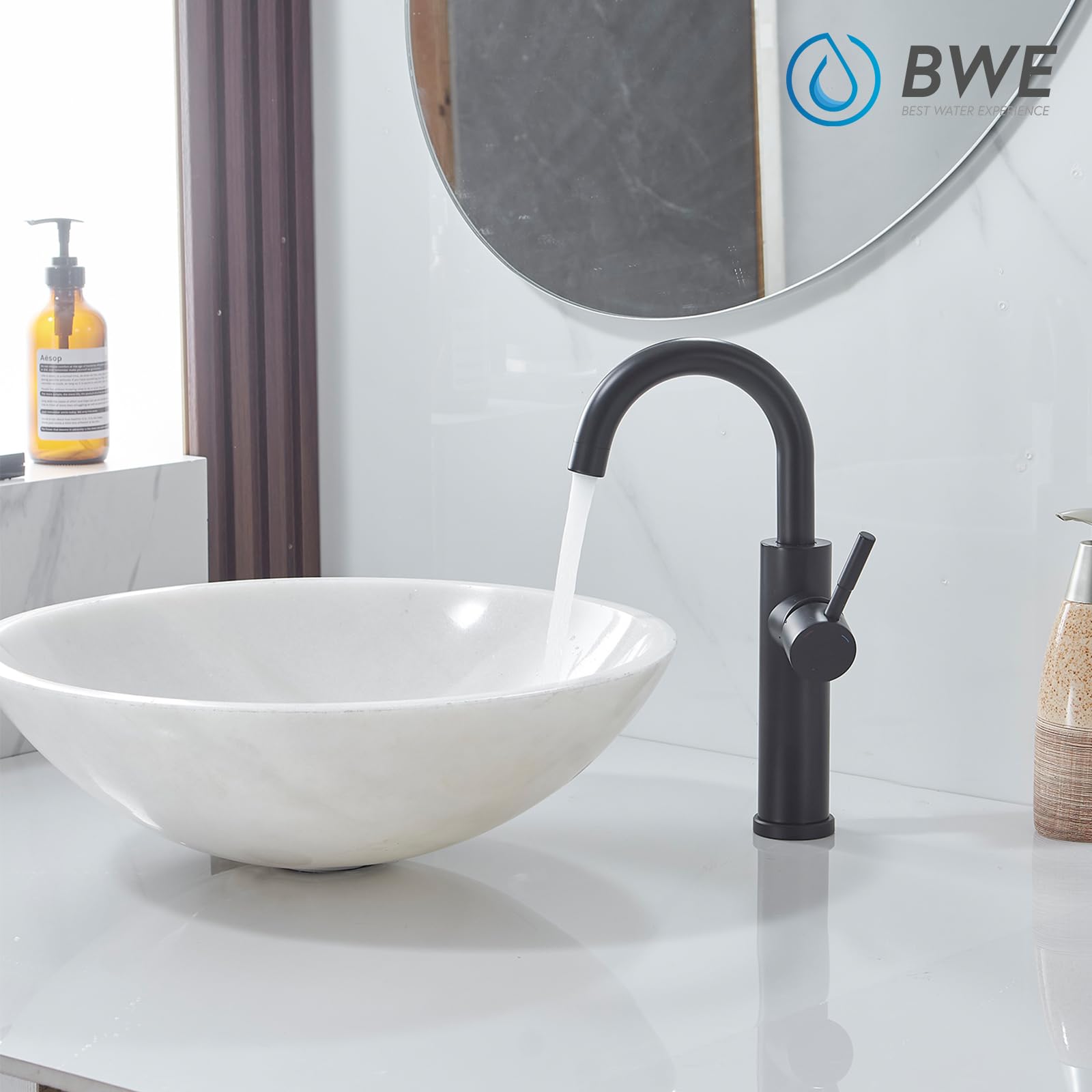 Bwe Matte Black Bathroom Bar Faucet High Arc Vessel Sink Faucet With 360° Swivel Spout Single Hole Commercial Faucet For Bathroom Or Mini Kitchen Sink Stainless Steel Modern Wet Bar Faucets