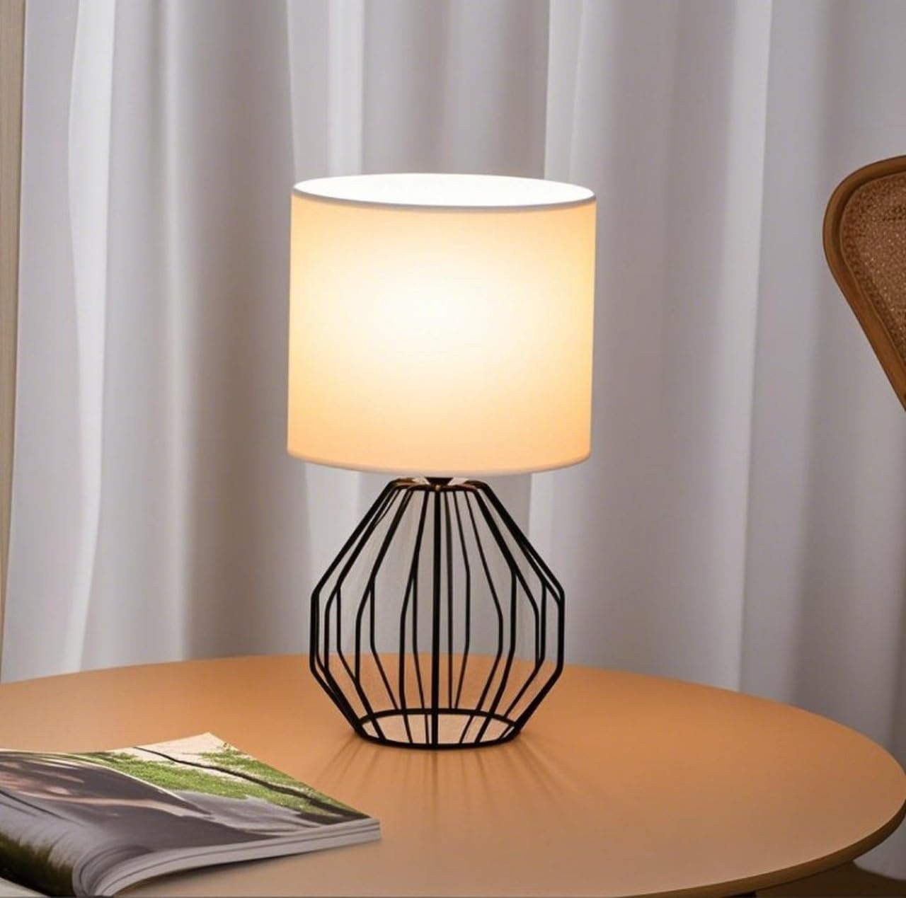 Krasty Small Black Table Lamp,Bedside Nightstand Desk Lamps With White Fabric Shade, Hollow Metal Base,Modern Geometric Lamp For Bedrooms,Living Room,Office,Entryway,Coffee Table,Kids Room