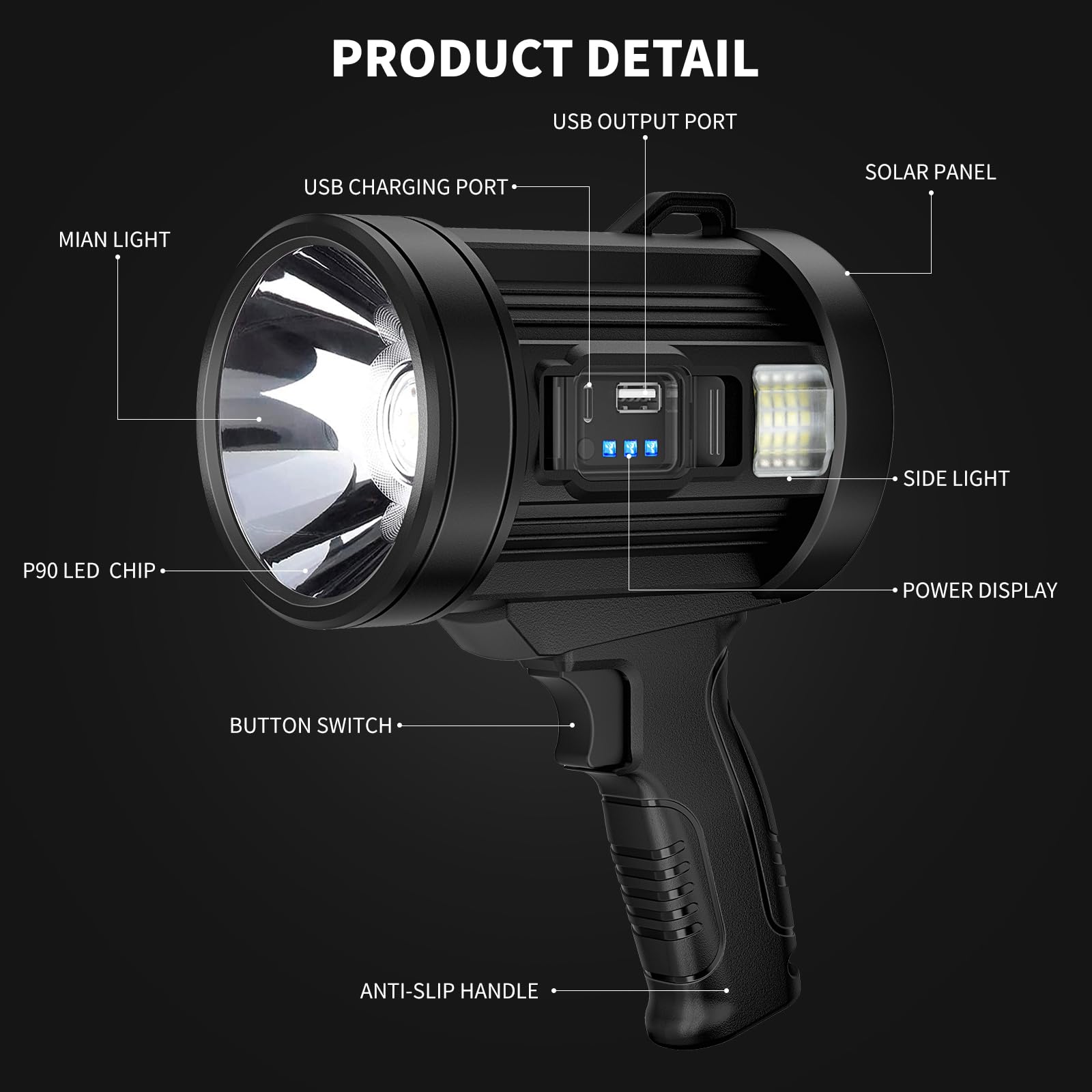 Lylting Rechargeable Spotlight Outdoor,1,000,000 Lumens Solar Spotlight Flashlight With Cob Light And Solar Panels, Lightweight Handheld Led Spot Light For Hunting Boating Emergencies