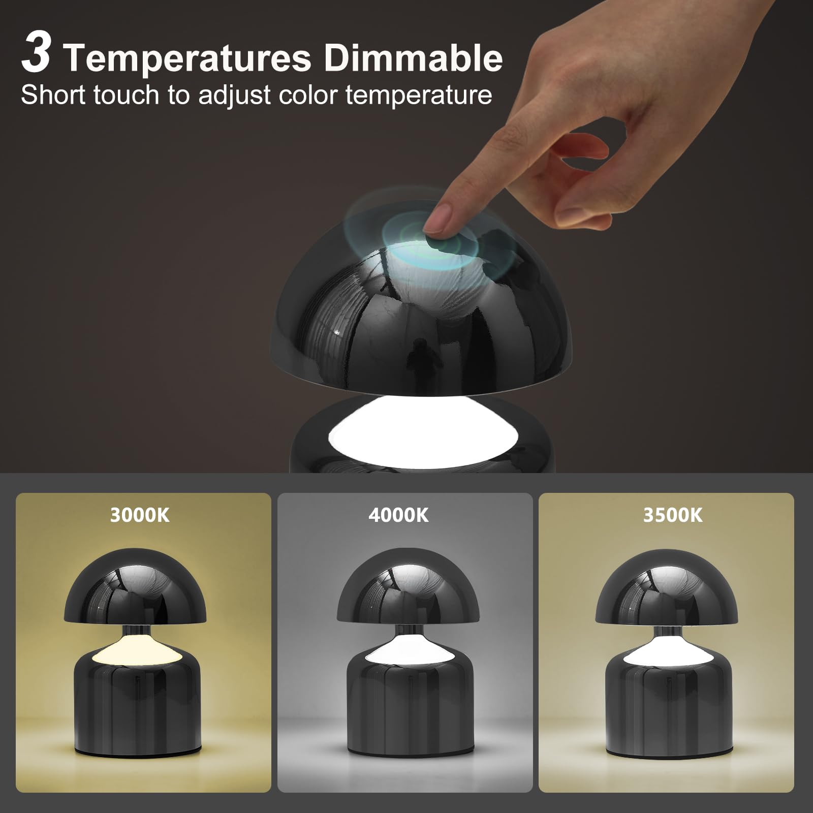 Saiweya Modern Cordless Mushroom Small Table Lamp Touch Led Lamps, 3-Way Dimmable Bedside Nightstand Lamp Mini Rechargeable Night Light For Bedroom, Living Room