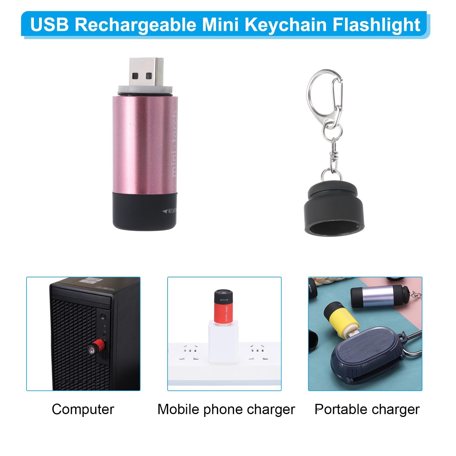 Patikil 2.56Inch Mini Keychain Flashlight, Pocket Led Flashlight Portable Torch Usb Rechargeable For Outdoor Camping Party, Pink