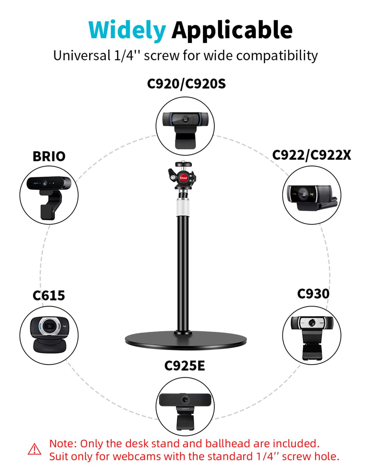Etour Webcam Stand For Desk, With 360 Ballhead, Heavy Base Height Adjustable Tripod For Logitech Webcam C922 C930E C920 C615 C960 C920X Brio 4K Nexigo N60, Phone Mount, Gopro With 1/4" Thread