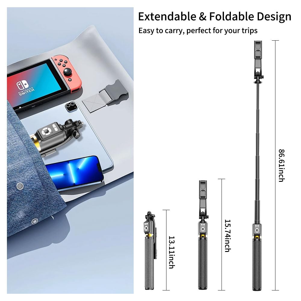 Fashion Stick Selfie Phone Tripod - 86.6'' Cell Phone Holder With Detachable Wireless Remote, Video And Picture, Phone Stand For Iphone Quadpod, Android, Camera
