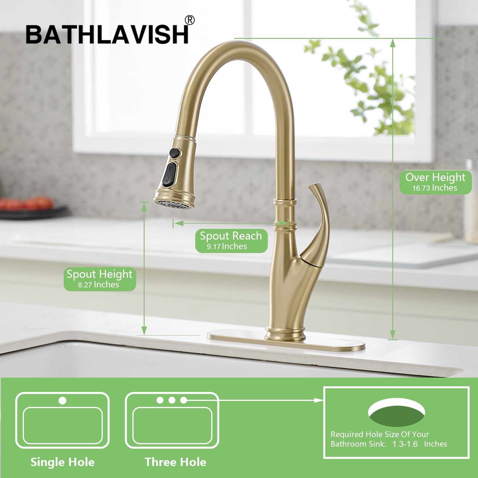 Bathlavish Brushed Gold Kitchen Faucet With Pull Out Sprayer Single Handle Single Hole Commercial Kitchen Faucet,High Arc Modern Brass Faucet, 360°Swivel Faucet For Kitchen Sink Bar Farmhouse Laundry