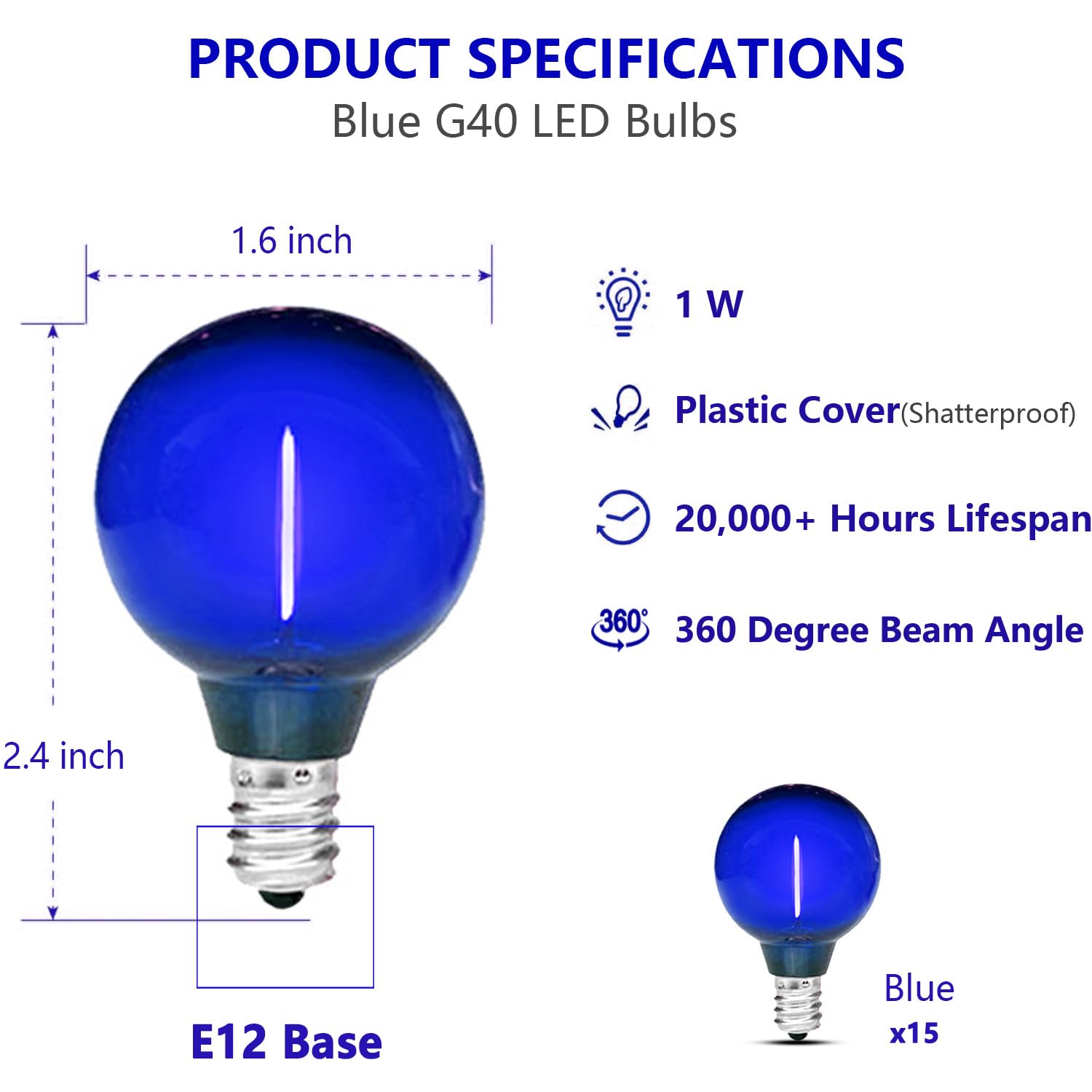 Guileduo 15 Pack G40 Blue Light Bulb Led Christmas Replacement Bulbs, 1 Watt E12/C7 Candelabra Base Globe Light Bulbs For Outdoor String Lights, Shatterproof Plastic Clear Night Light Bulbs, 120 Volt