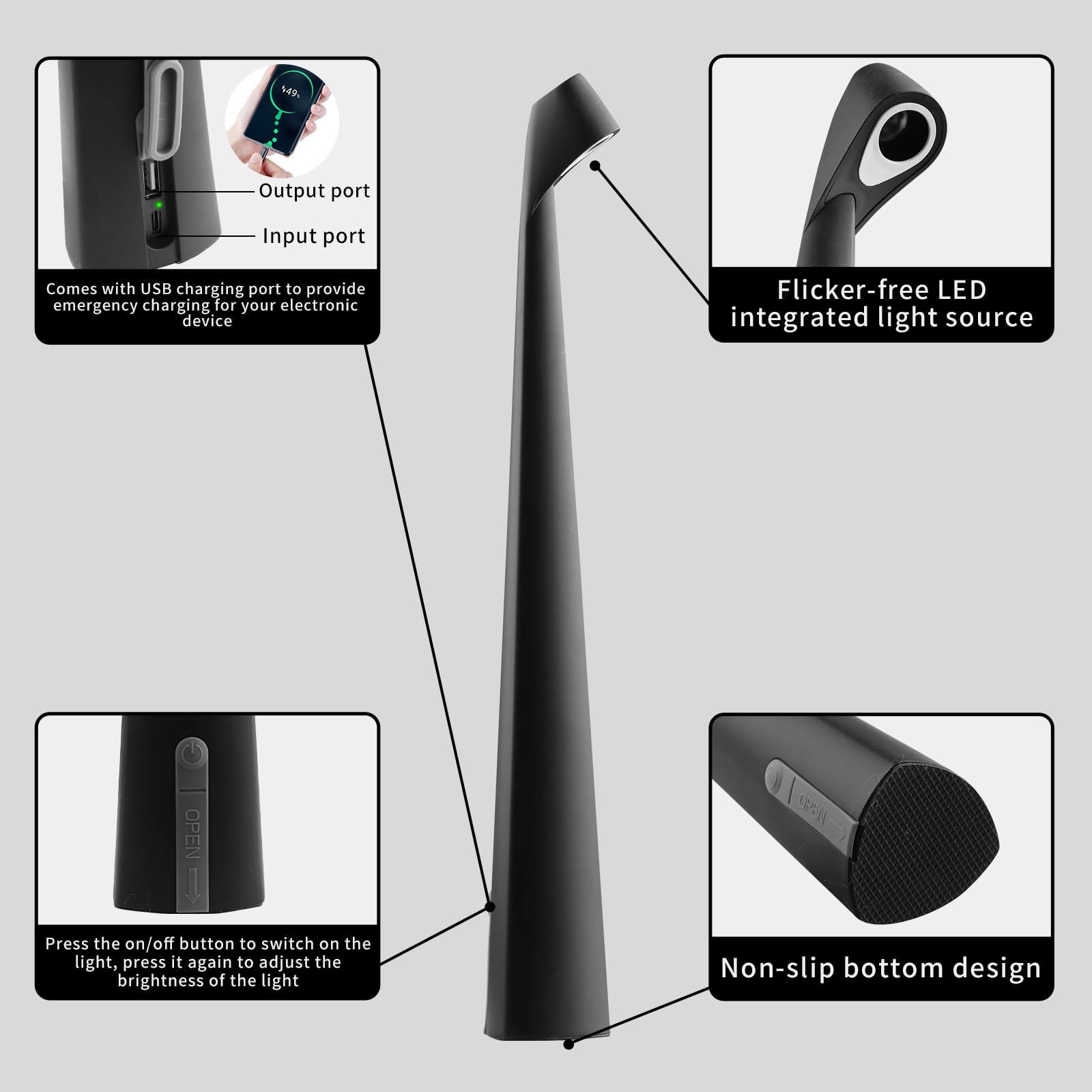 Hapygi Portable Cordless Led Desk Lamp,Rechargeable Wireless Table Lamp, 3-Level Brightness, Patio Table Lamp, Bedside Night Light, Dining Room Ambient Light, Reading Light (Black)