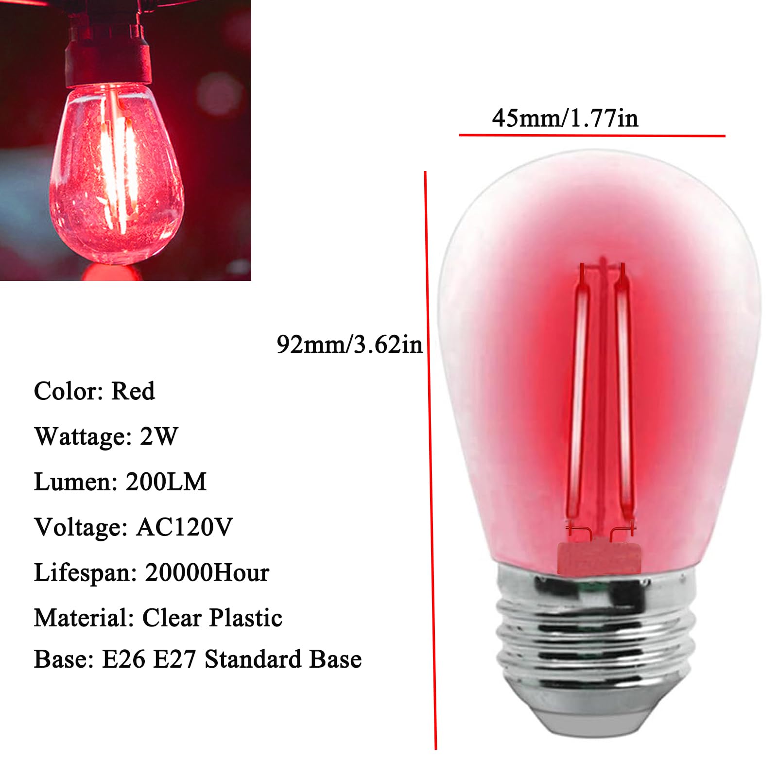 Lrsueyskin S14 Led Light Bulb 2W Red Outdoor Replacement Bulbs Shatterproof Waterproof S14 Replacement Bulb Clear Plastic Vintage Led Filament Bulbs E26 E27 Base Decorative String Light Bulbs,15-Pack(Red)
