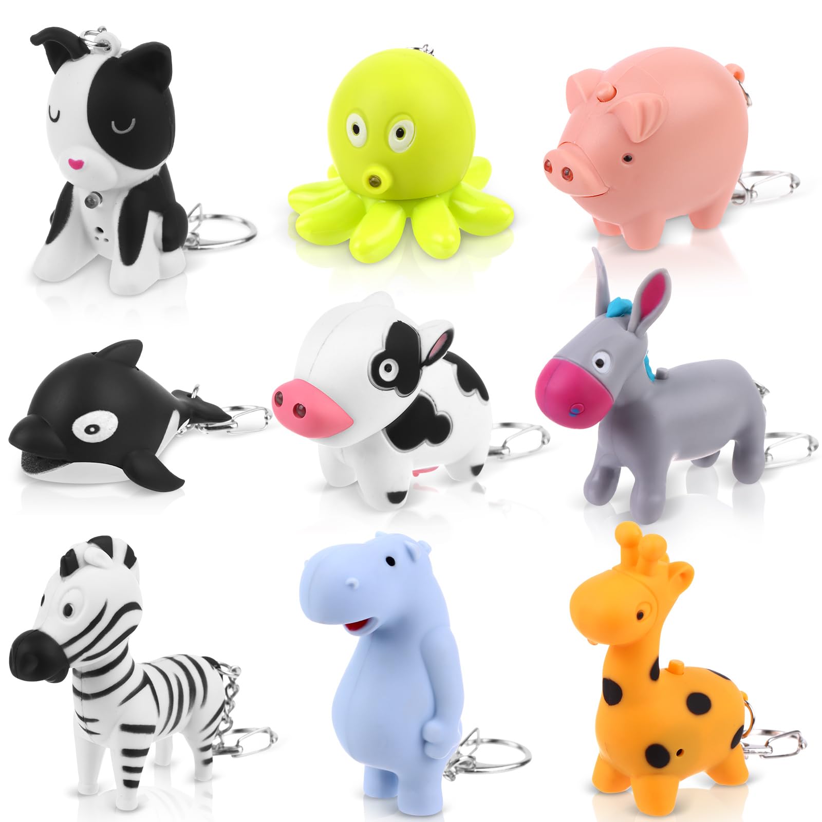 Oppaxf 9 Pcs Animal Flashlight Keychain - Pediatric Nurse Flashlight With Giraffe, Cow, Pig, Hippo, Octopus, Puppy, Horse, Whale, Little Donkey - Badge Reel