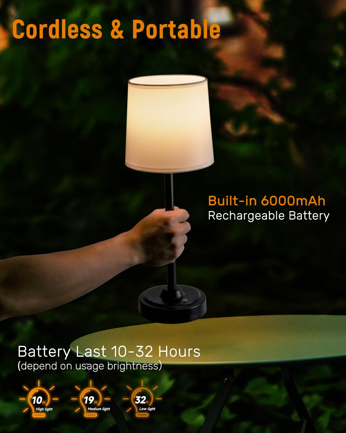 Yogaret Black Cordless Lamp For Home Dinner，3000K Stepless Dimming Touch Control Wireless Lamp For Bedroom, Dining Table, Counter, Living Room